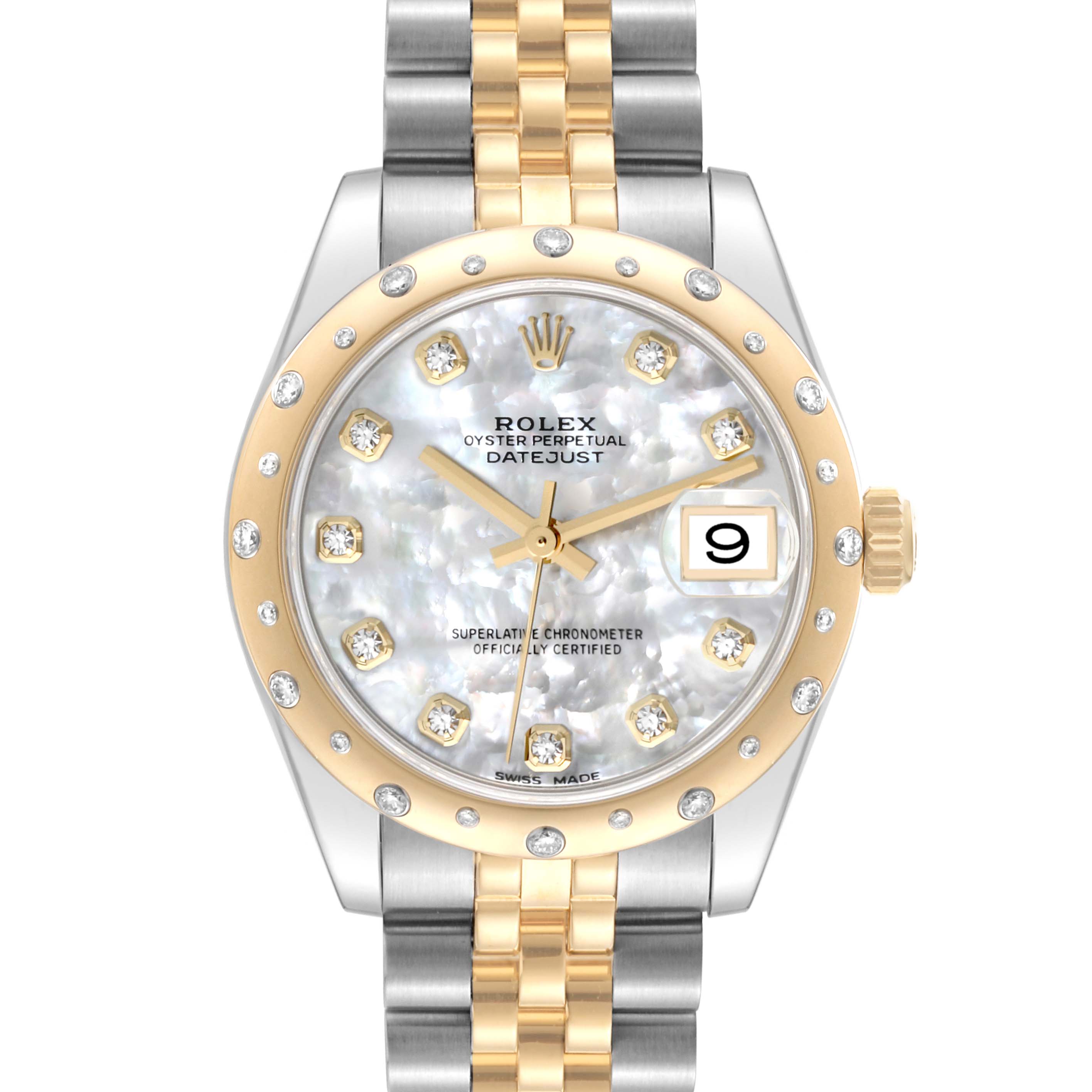 The image shows a frontal view of a mid-size Rolex Datejust watch, featuring a two-tone bracelet and a diamond-studded dial and bezel.