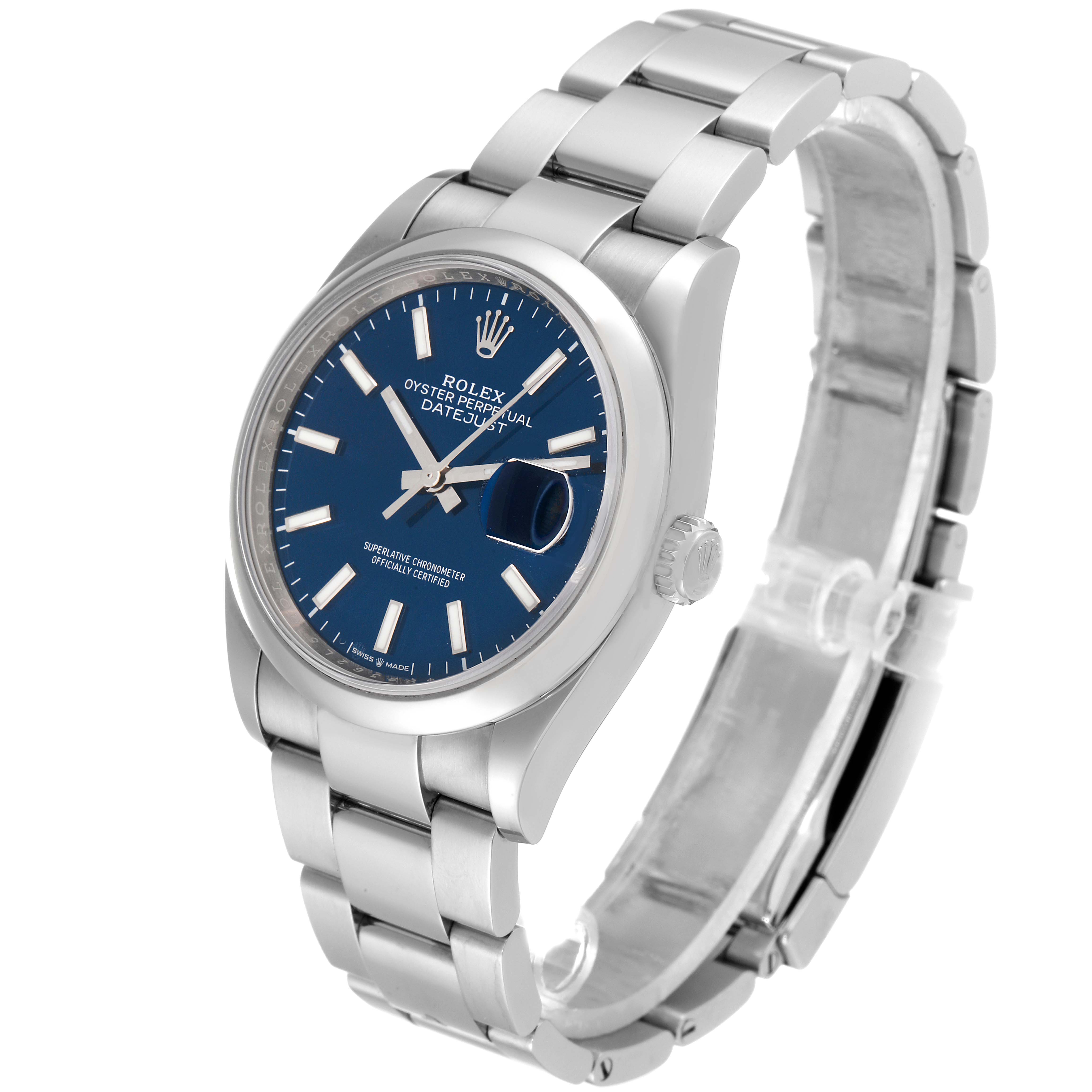 The image shows a Rolex Datejust 126200 Men's Stainless Steel Blue Dial 126200 Men's Stainless Steel Blue Dial watch at a three-quarter angle, highlighting the blue dial, stainless steel bracelet, and fluted bezel.