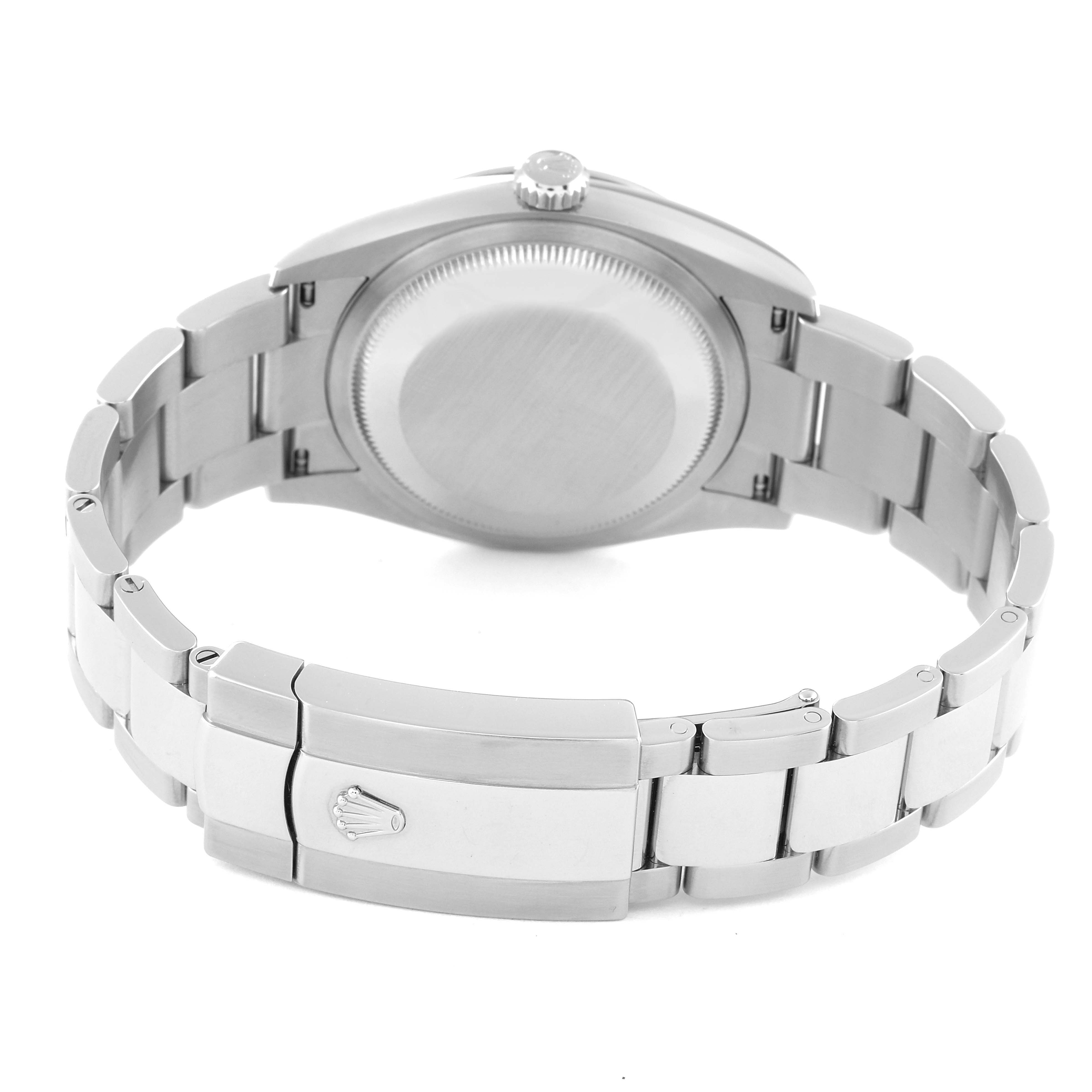 This image shows the back view and bracelet of a Rolex Datejust 126200 Men's Stainless Steel Blue Dial 126200 Men's Stainless Steel Blue Dial watch with its clasp visible.