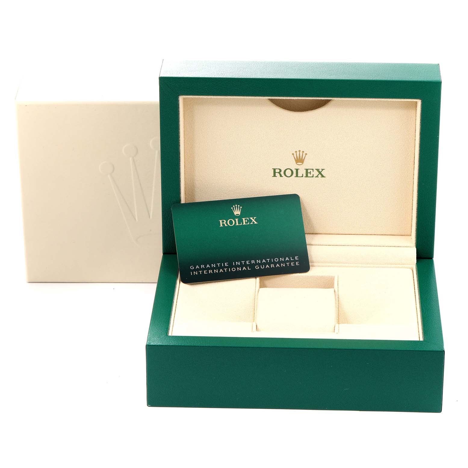 This image shows an open Rolex Datejust 126200 Men's Stainless Steel Blue Dial 126200 Men's Stainless Steel Blue Dial watch box with the international guarantee card displayed.