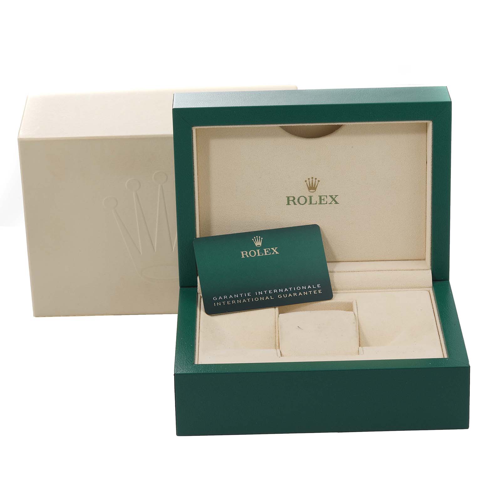 The image shows the packaging and warranty card for a Rolex Datejust 126200 Men's Stainless Steel Blue Dial 126200 Men's Stainless Steel Blue Dial watch, with the inside of the box and card prominently displayed.