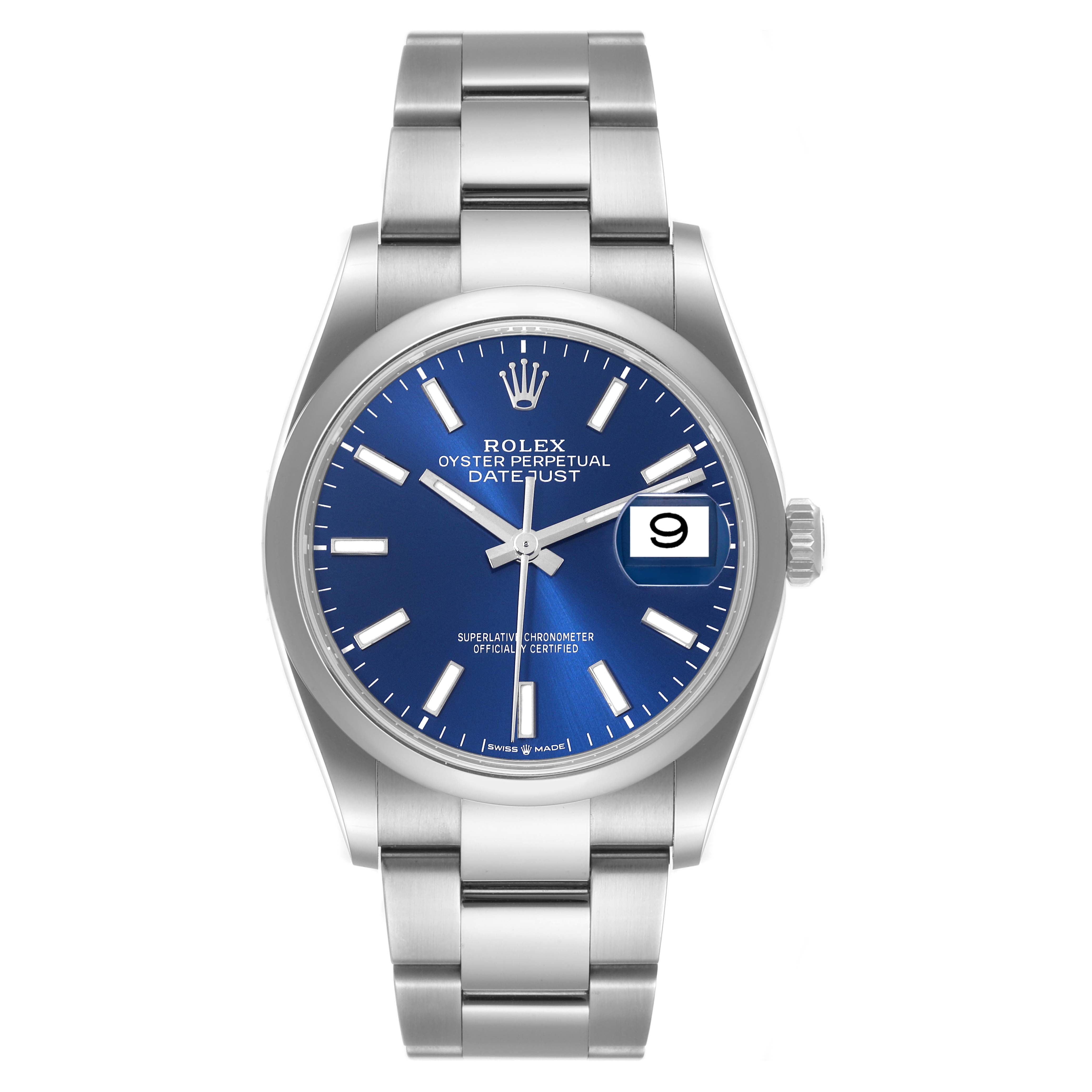 The image shows a front view of a Rolex Datejust 126200 Men's Stainless Steel Blue Dial 126200 Men's Stainless Steel Blue Dial watch featuring a blue dial, date window, and stainless steel bracelet.