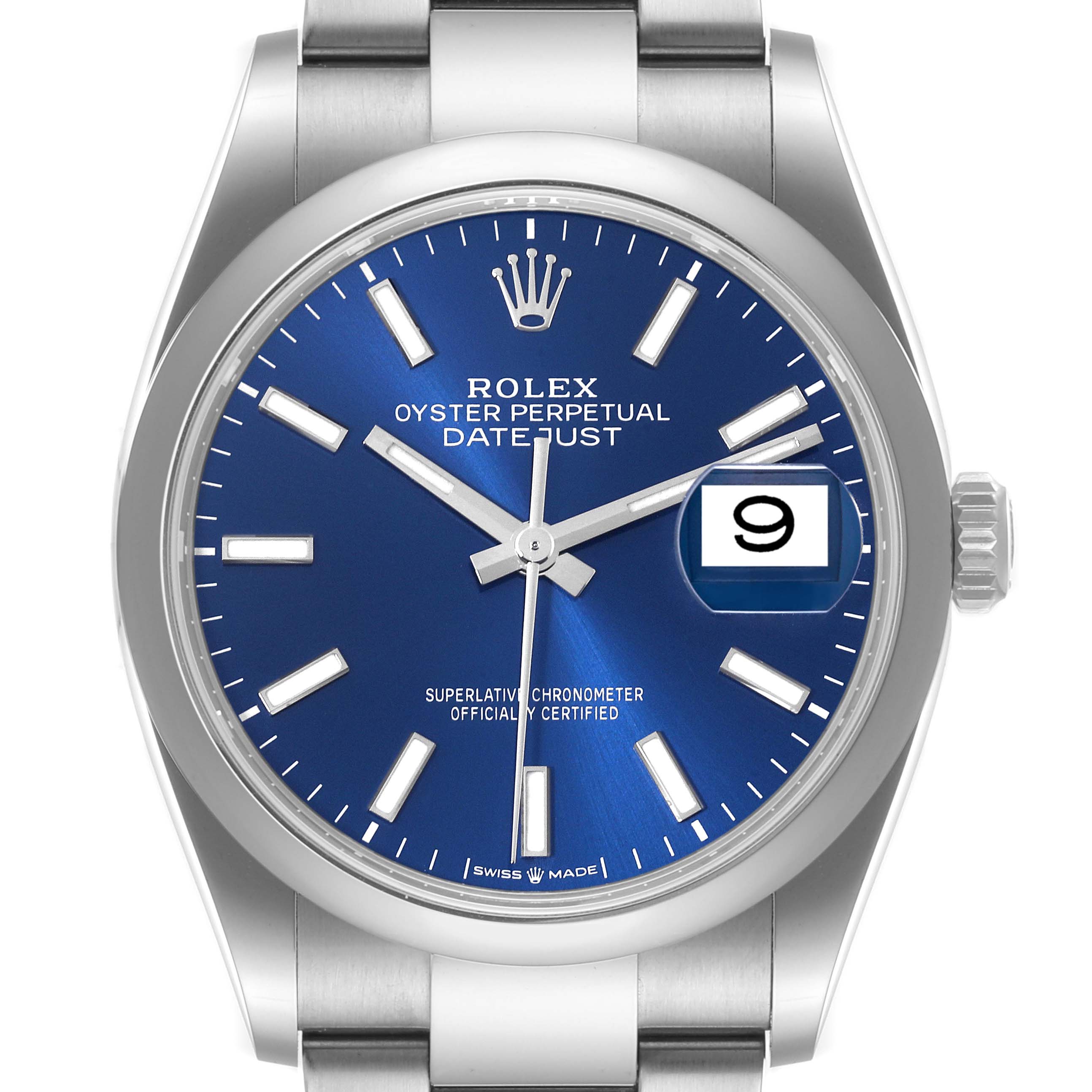 This image shows a front view of a Rolex Datejust 126200 Men's Stainless Steel Blue Dial 126200 Men's Stainless Steel Blue Dial watch, highlighting the blue dial, hour markers, hands, and date magnifier.