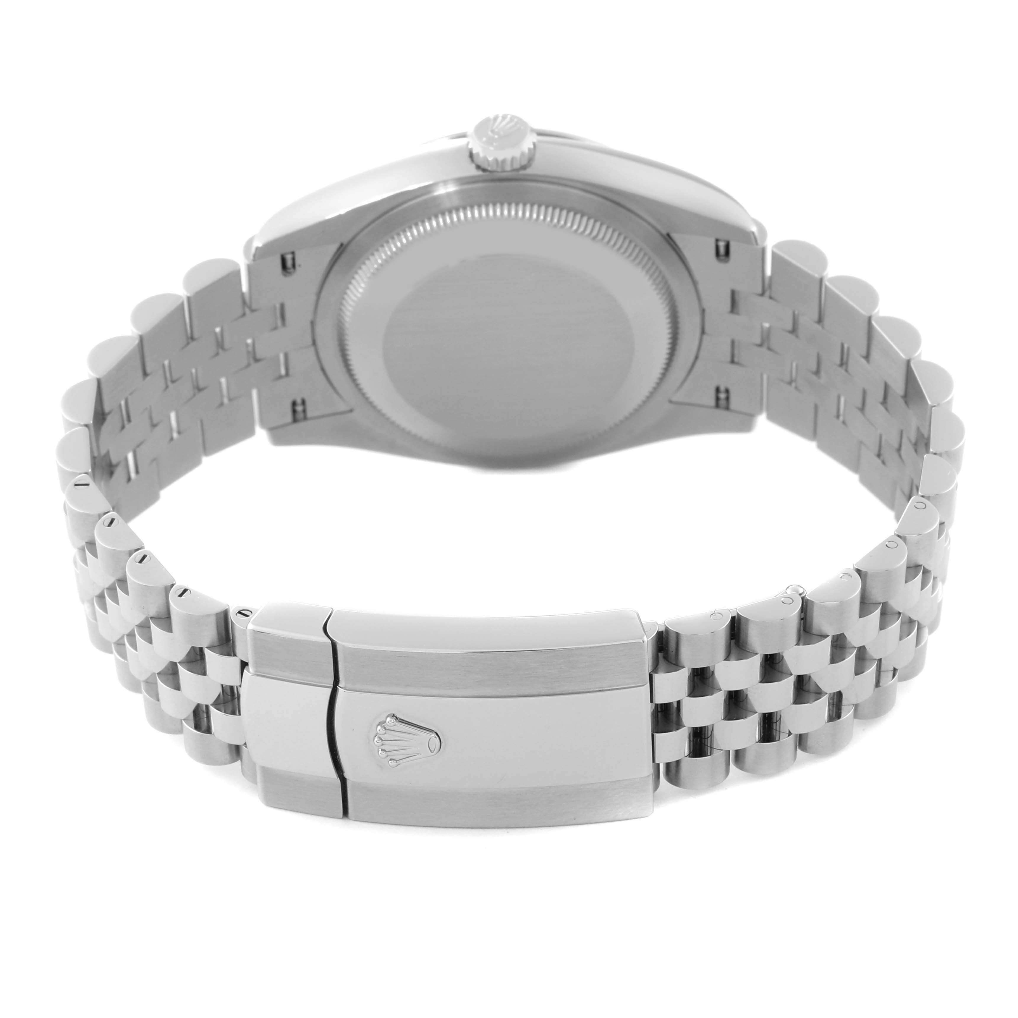 The image shows the backside and bracelet of a Rolex Datejust 126200 Men's Stainless Steel Grey Dial 126200 Men's Stainless Steel Grey Dial watch, focusing on the case back, crown, and clasp with the Rolex logo.