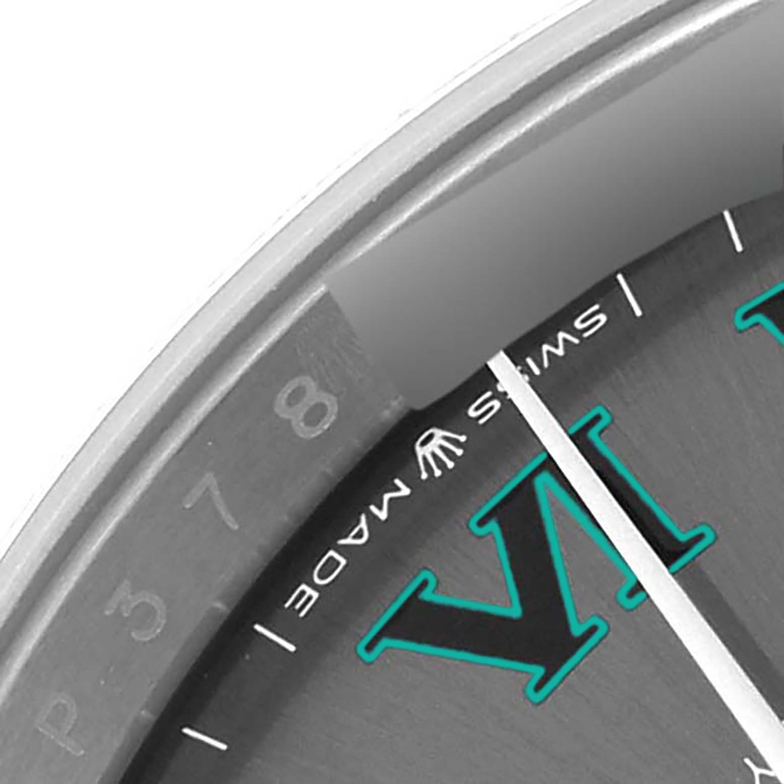 The image shows a close-up of the dial and bezel of a Rolex Datejust 126200 Men's Stainless Steel Grey Dial 126200 Men's Stainless Steel Grey Dial watch, highlighting the "Swiss Made" marking.