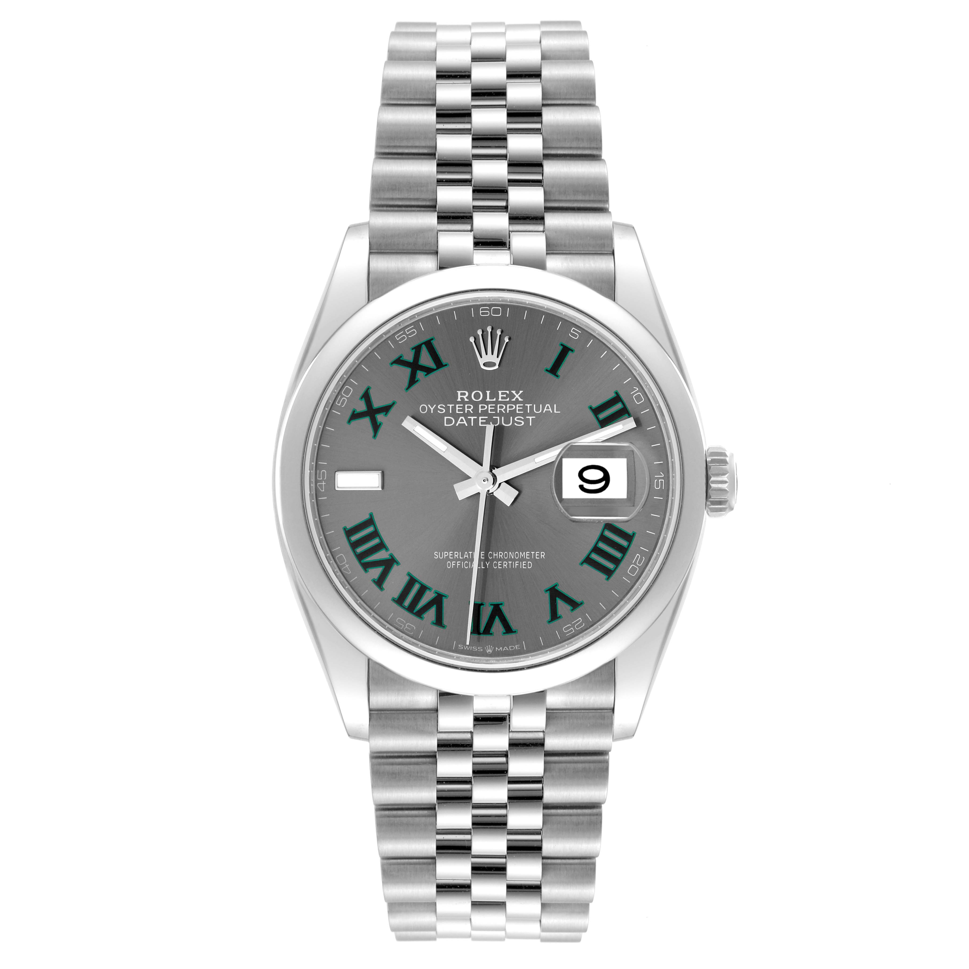 The image shows a Rolex Datejust 126200 Men's Stainless Steel Grey Dial 126200 Men's Stainless Steel Grey Dial watch viewed from the front, highlighting the dial, bracelet, and date window.