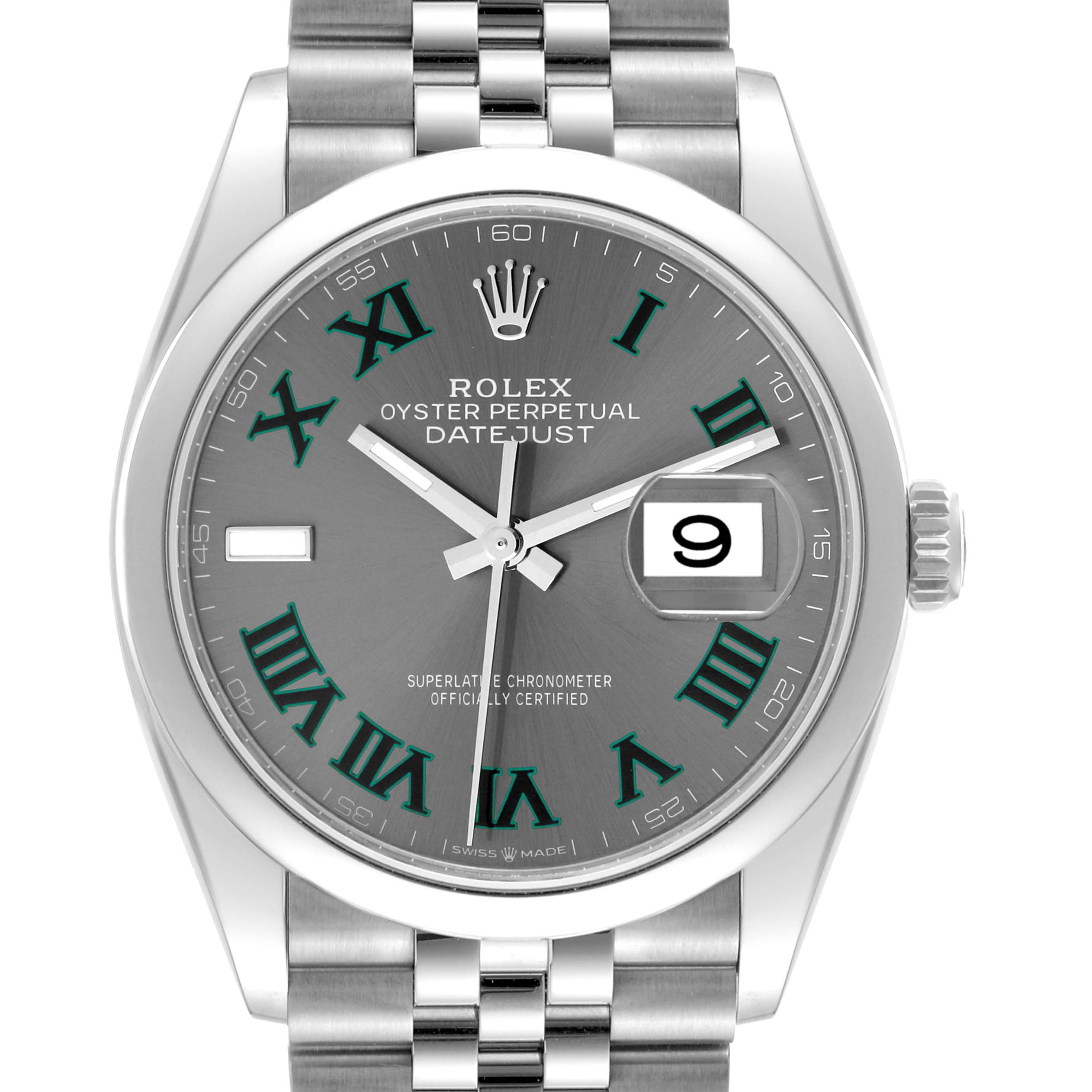 This is a front view of a Rolex Datejust 126200 Men's Stainless Steel Grey Dial 126200 Men's Stainless Steel Grey Dial watch, showing the face, bracelet, and date window.
