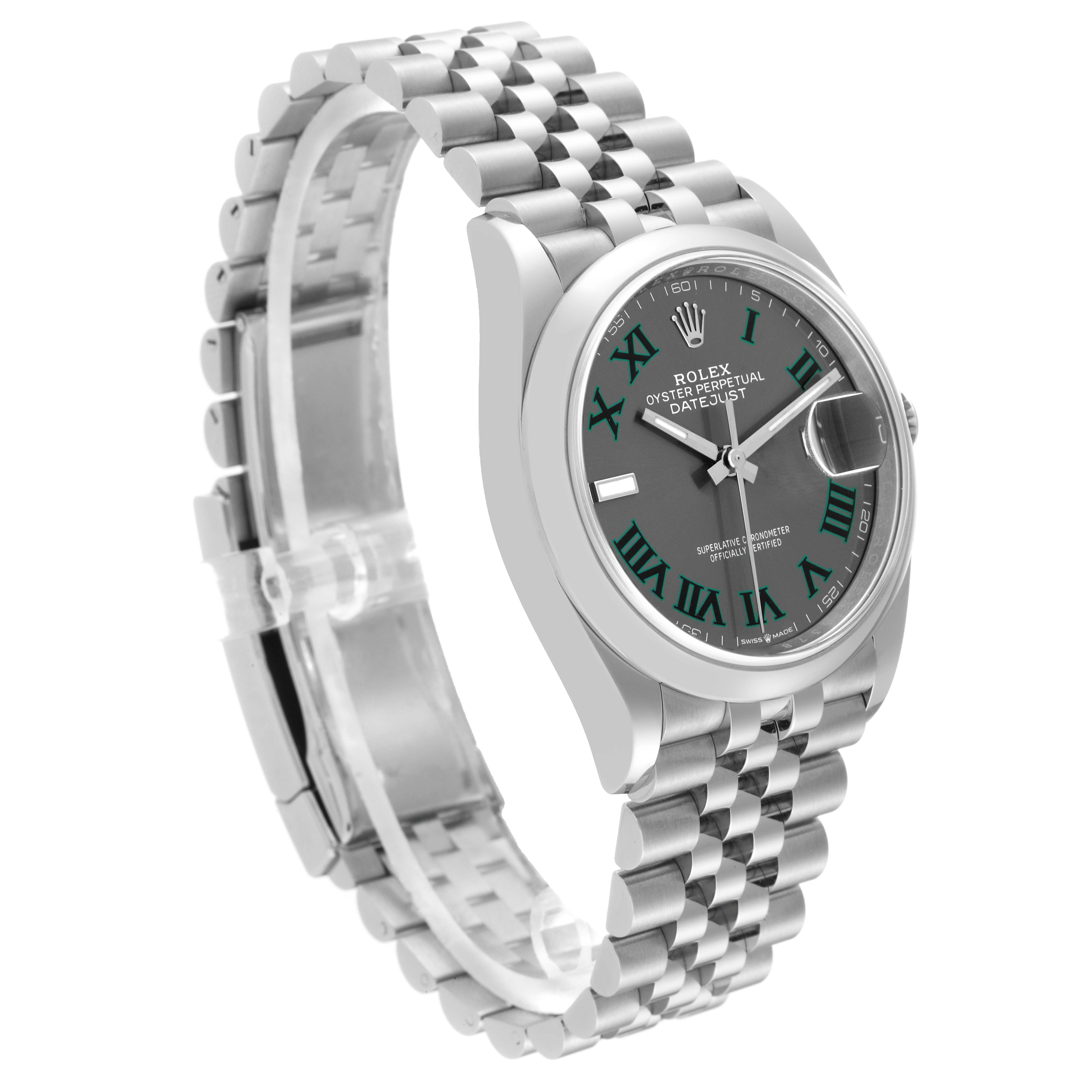 The Rolex Datejust 126200 Men's Stainless Steel Grey Dial 126200 Men's Stainless Steel Grey Dial watch is shown at an angled view displaying its bracelet, dial, and bezel.