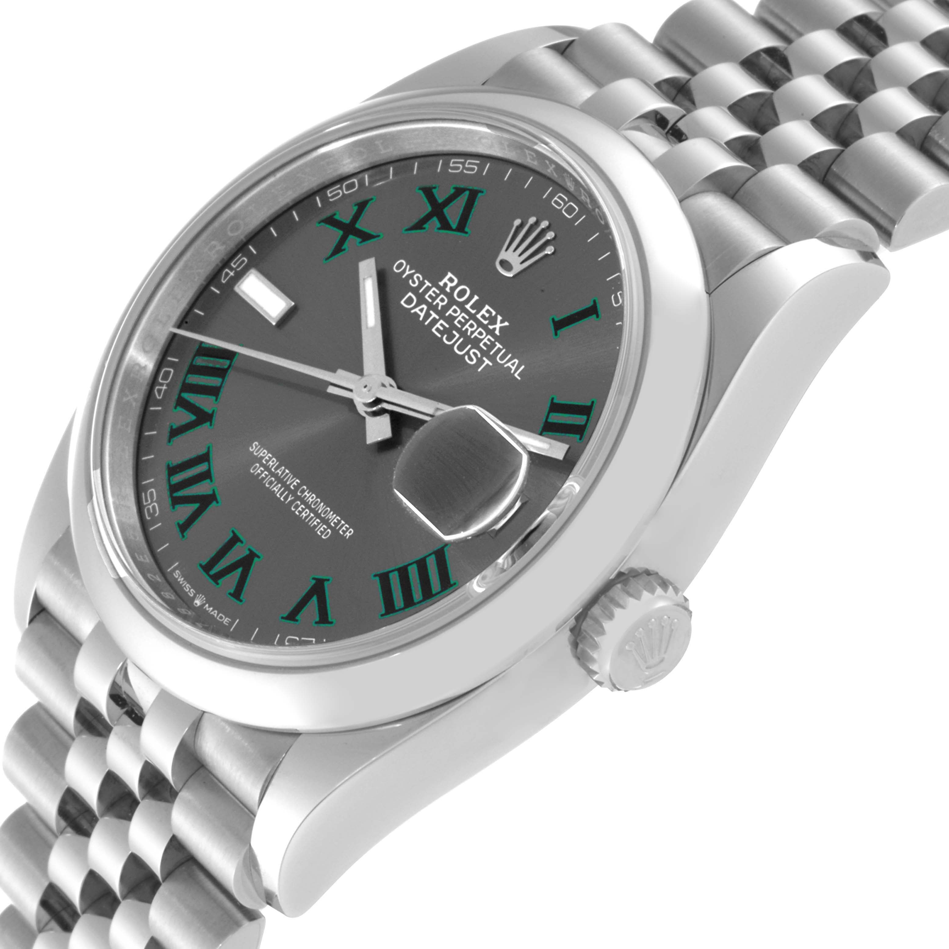 This image shows the front angle of a Rolex Datejust 126200 Men's Stainless Steel Grey Dial 126200 Men's Stainless Steel Grey Dial watch, highlighting the dial, bezel, crown, and bracelet.