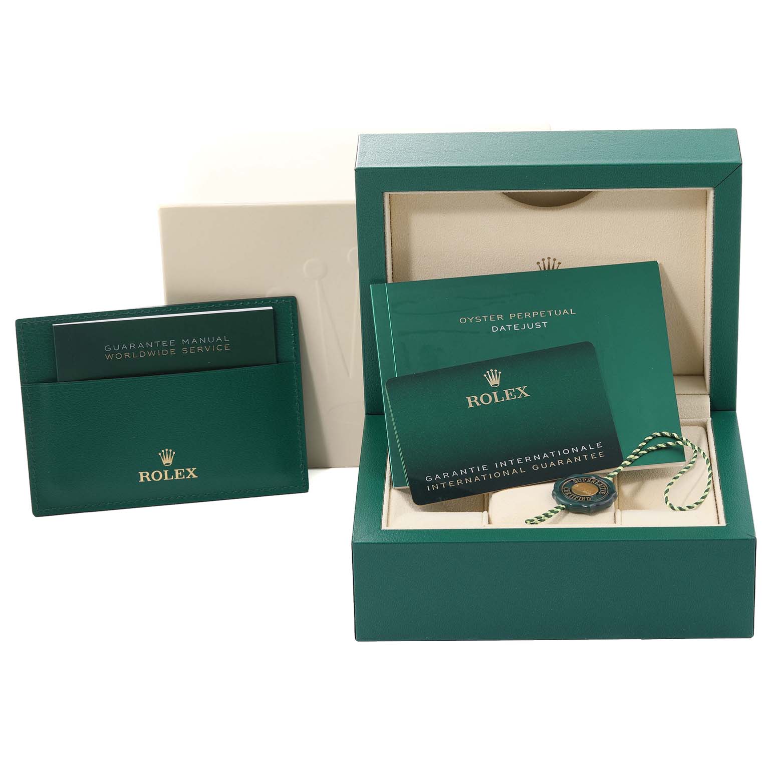 This image shows the packaging, warranty cards, and accessories for a Rolex Datejust 126200 Men's Stainless Steel Grey Dial 126200 Men's Stainless Steel Grey Dial watch.