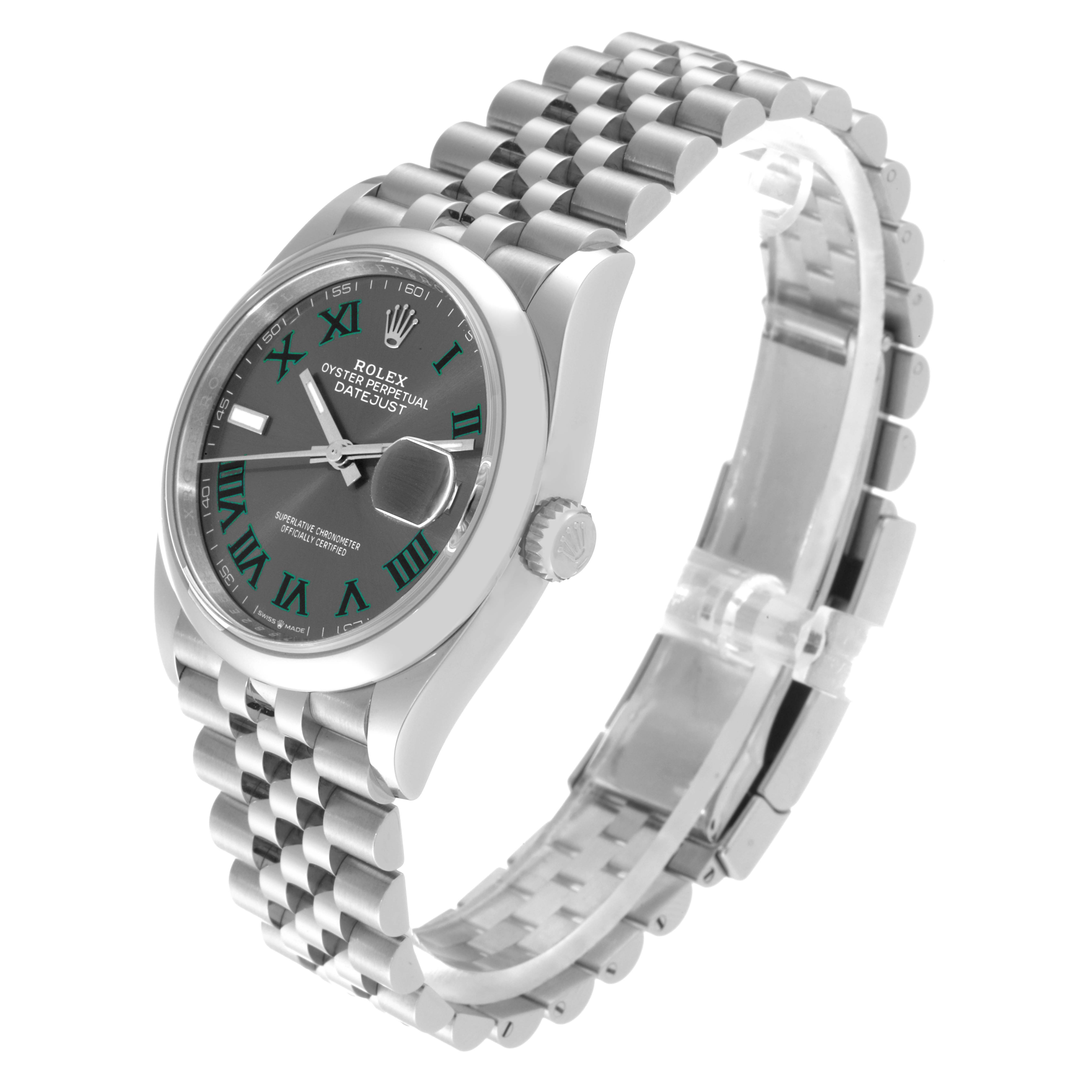 This Rolex Datejust 126200 Men's Stainless Steel Grey Dial 126200 Men's Stainless Steel Grey Dial model is shown from a slight side angle, highlighting the face, crown, bracelet, and clasp.