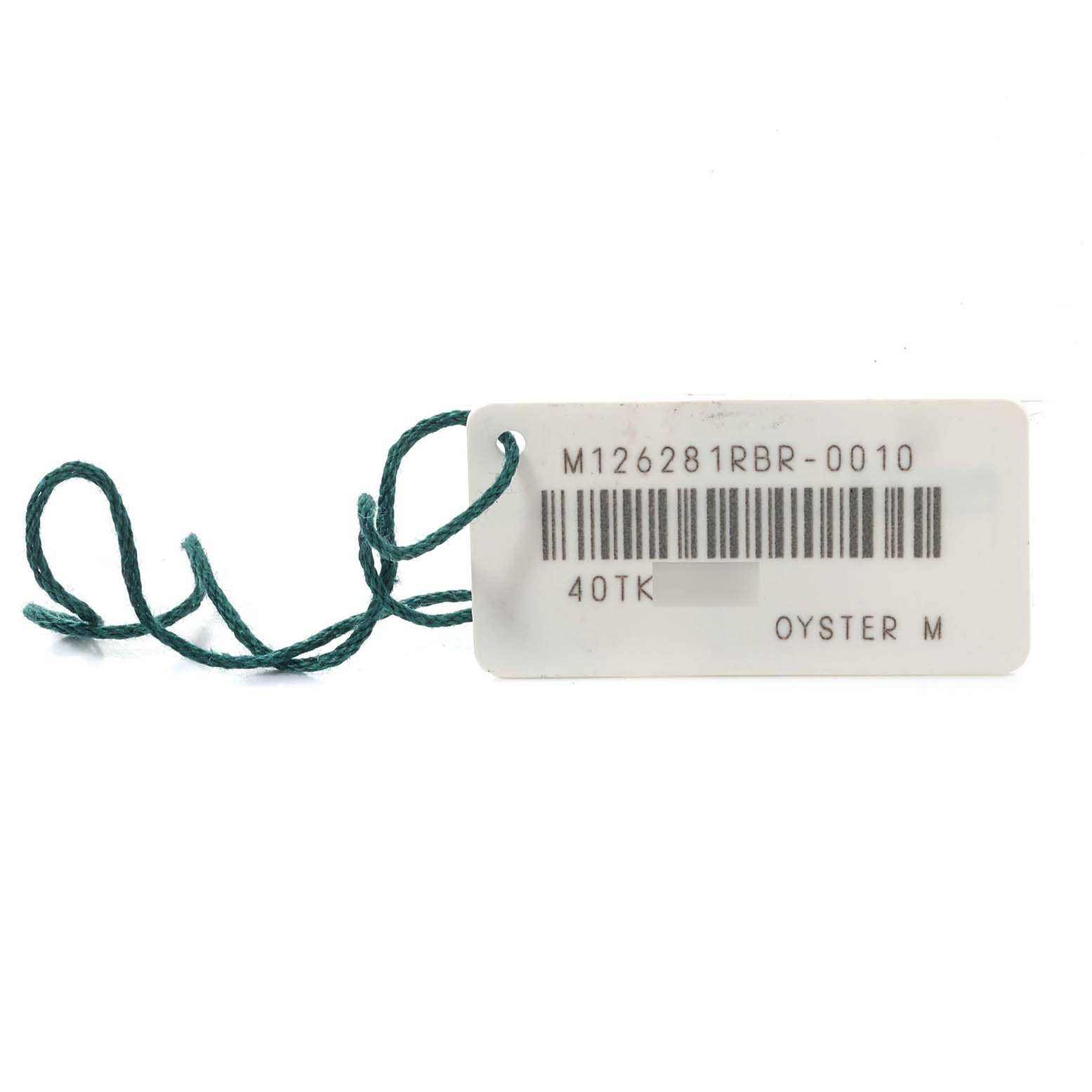 This image shows a green string and a white tag for a Rolex Datejust 126281RBR Men's Steel and Gold (two tone) Mother of Pearl Dial 126281RBR Men's Steel and Gold (two tone) Mother of Pearl Dial, model number M126281RBR-0010, viewed from above.