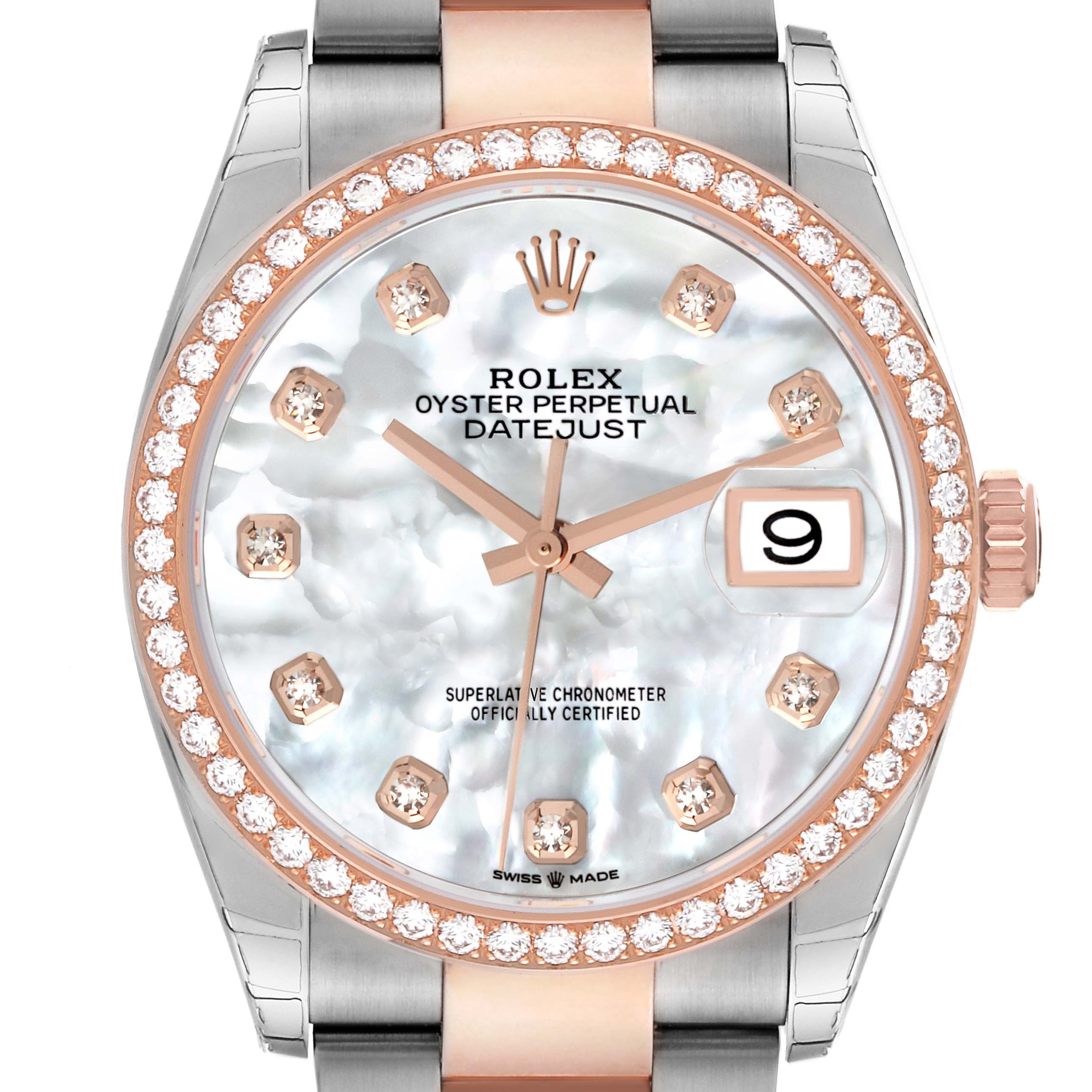 This image shows a front view of the Rolex Datejust 126281RBR Men's Steel and Gold (two tone) Mother of Pearl Dial 126281RBR Men's Steel and Gold (two tone) Mother of Pearl Dial watch, highlighting its face, bezel, hands, date window, and part of the bracelet.