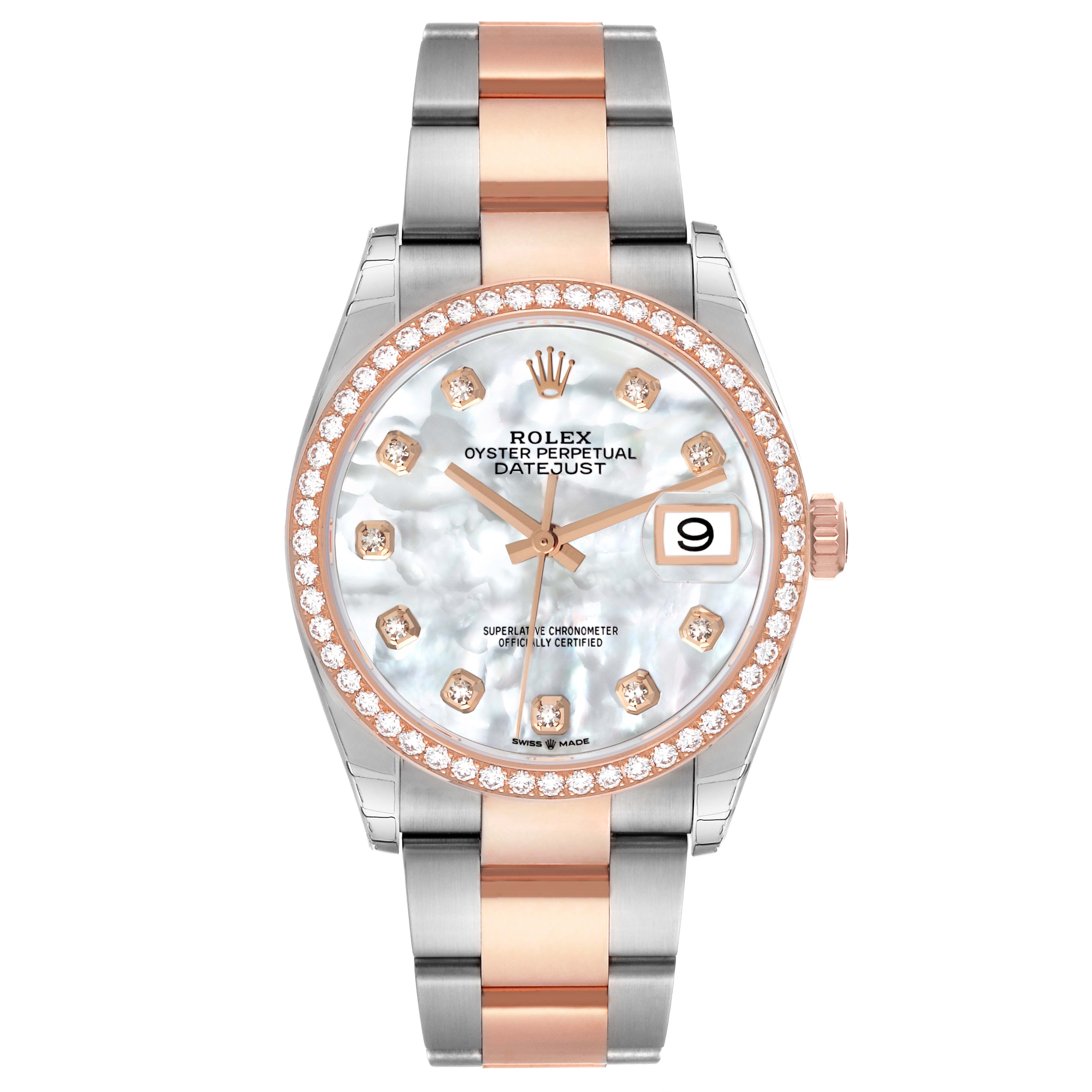 The image shows a Rolex Datejust 126281RBR Men's Steel and Gold (two tone) Mother of Pearl Dial 126281RBR Men's Steel and Gold (two tone) Mother of Pearl Dial watch from a front angle, highlighting its dial, bezel, and two-tone bracelet.