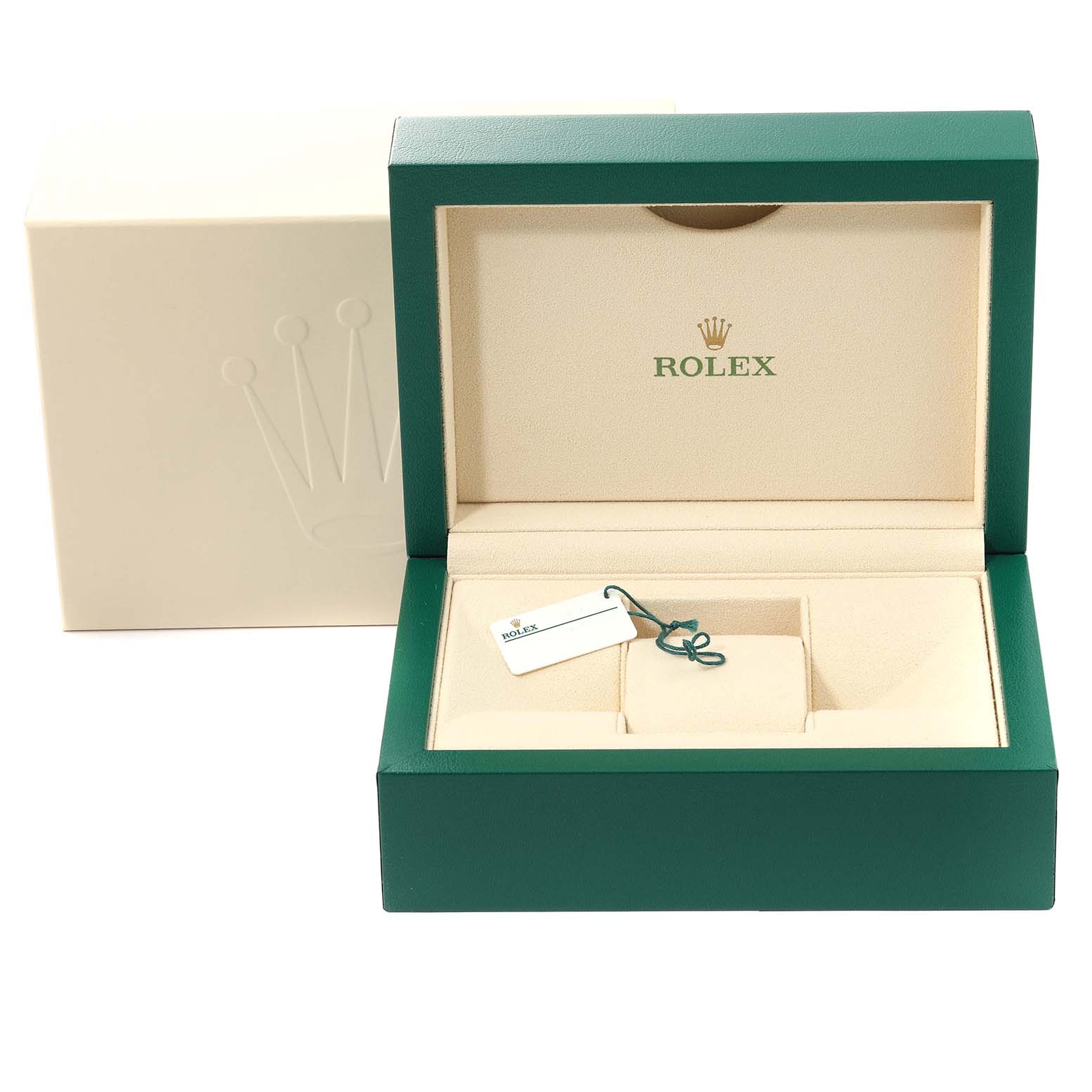 This image shows an open green and beige Rolex Datejust 126281RBR Men's Steel and Gold (two tone) Mother of Pearl Dial 126281RBR Men's Steel and Gold (two tone) Mother of Pearl Dial watch box with a tag, viewed from the front.
