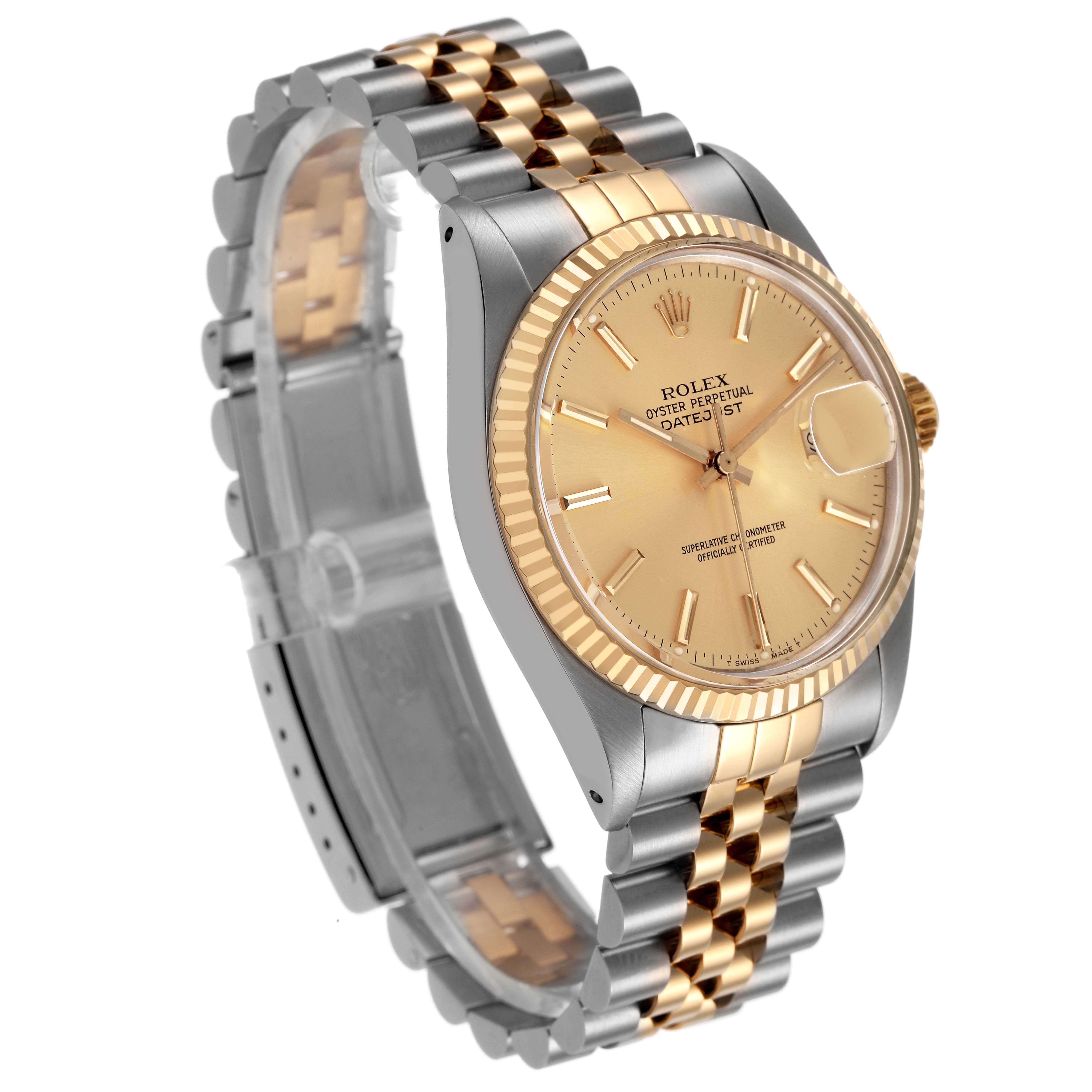 The Rolex Datejust 16013 Men's Steel and Gold (two tone) Champagne Dial watch is shown at a three-quarter angle, highlighting the face, fluted bezel, and two-tone Jubilee bracelet.