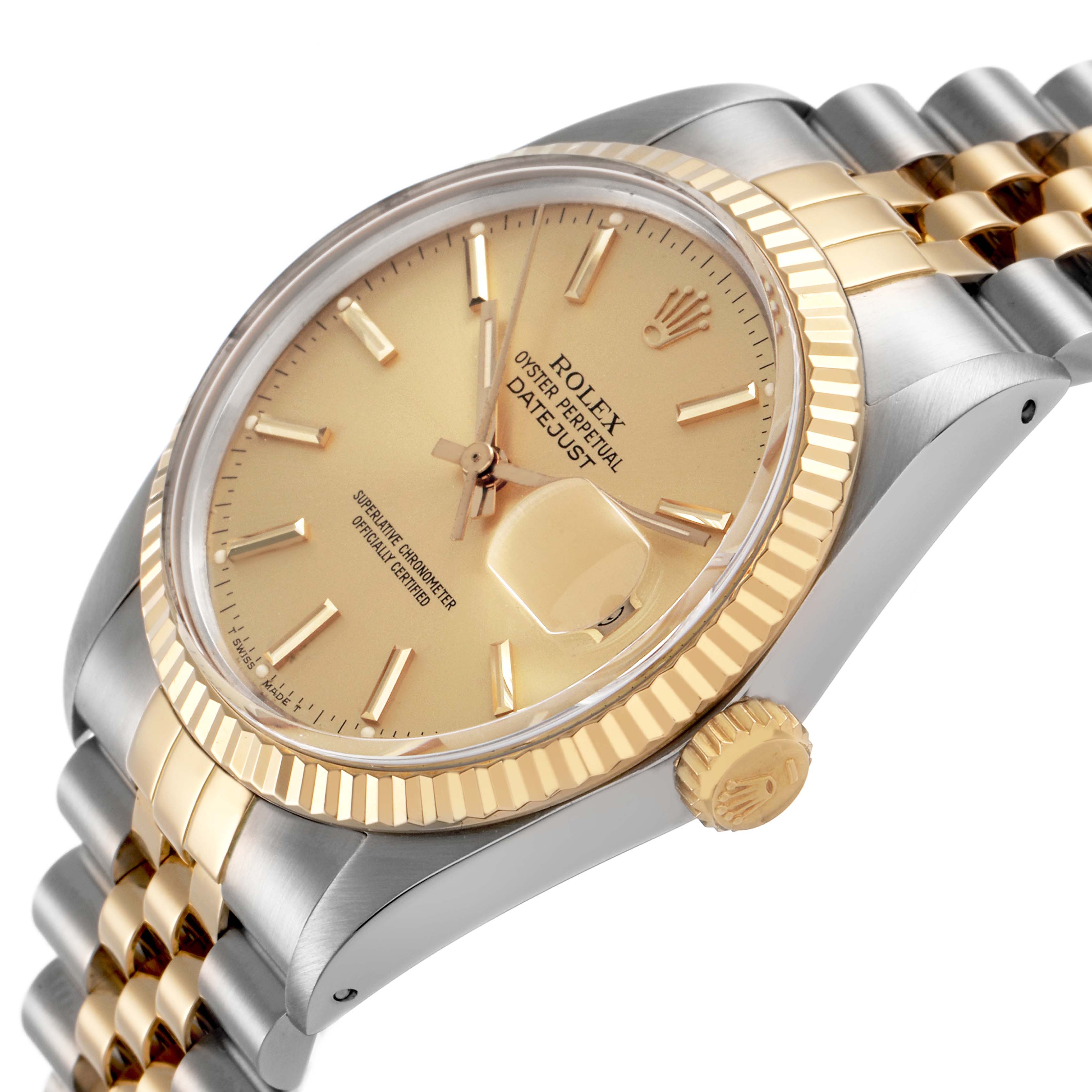 The Rolex Datejust 16013 Men's Steel and Gold (two tone) Champagne Dial watch is shown at a slight angle, highlighting the gold dial, fluted bezel, crown, and Jubilee bracelet.