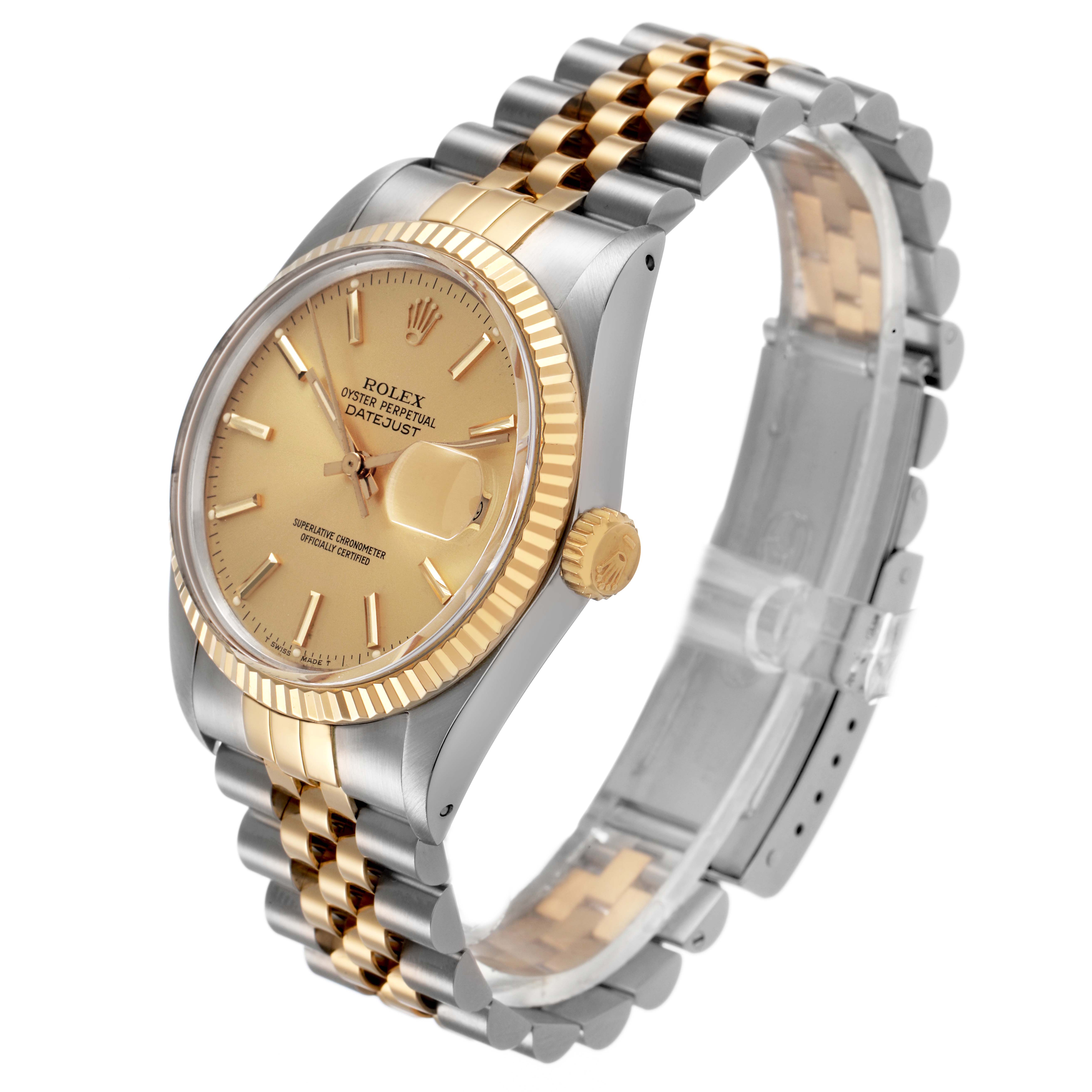 The Rolex Datejust 16013 Men's Steel and Gold (two tone) Champagne Dial watch is shown at a three-quarter angle, highlighting the dial, bezel, crown, and bracelet.