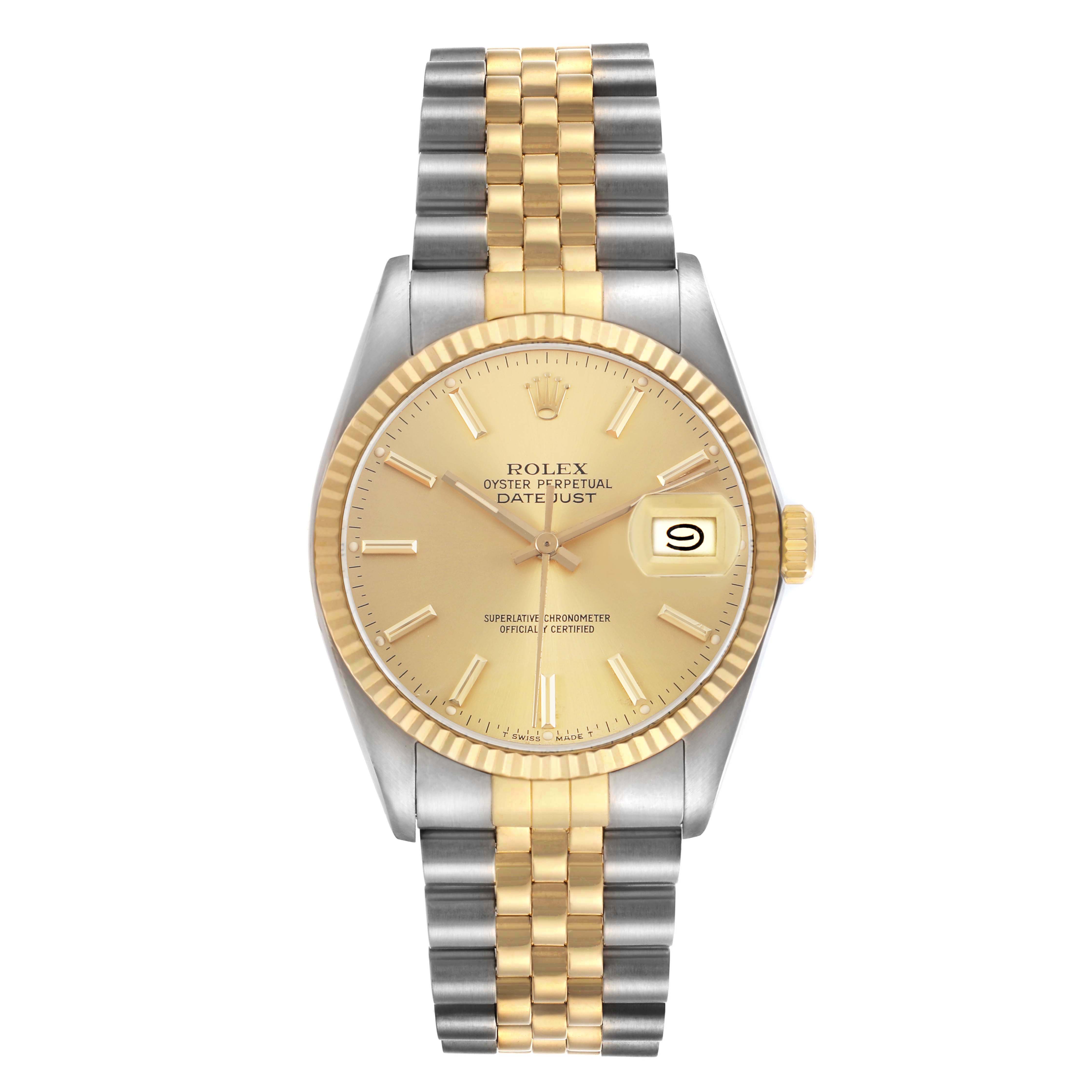 The image shows a front view of a Rolex Datejust 16013 Men's Steel and Gold (two tone) Champagne Dial watch, highlighting its dial, bezel, crown, and bi-metal bracelet.
