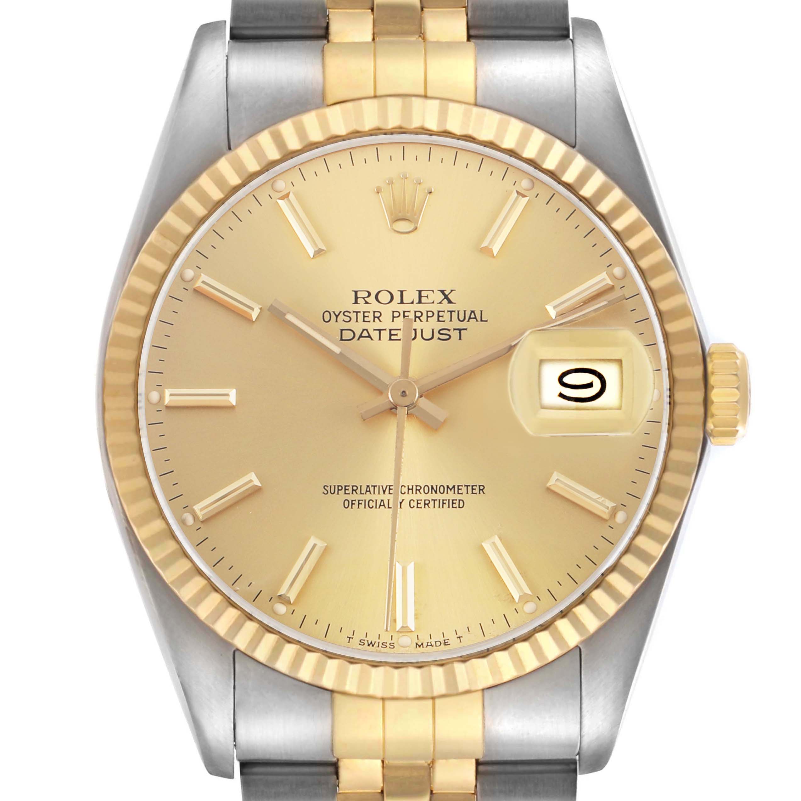 The Rolex Datejust 16013 Men's Steel and Gold (two tone) Champagne Dial watch is shown from a front angle, displaying its face, bezel, and part of the bracelet.