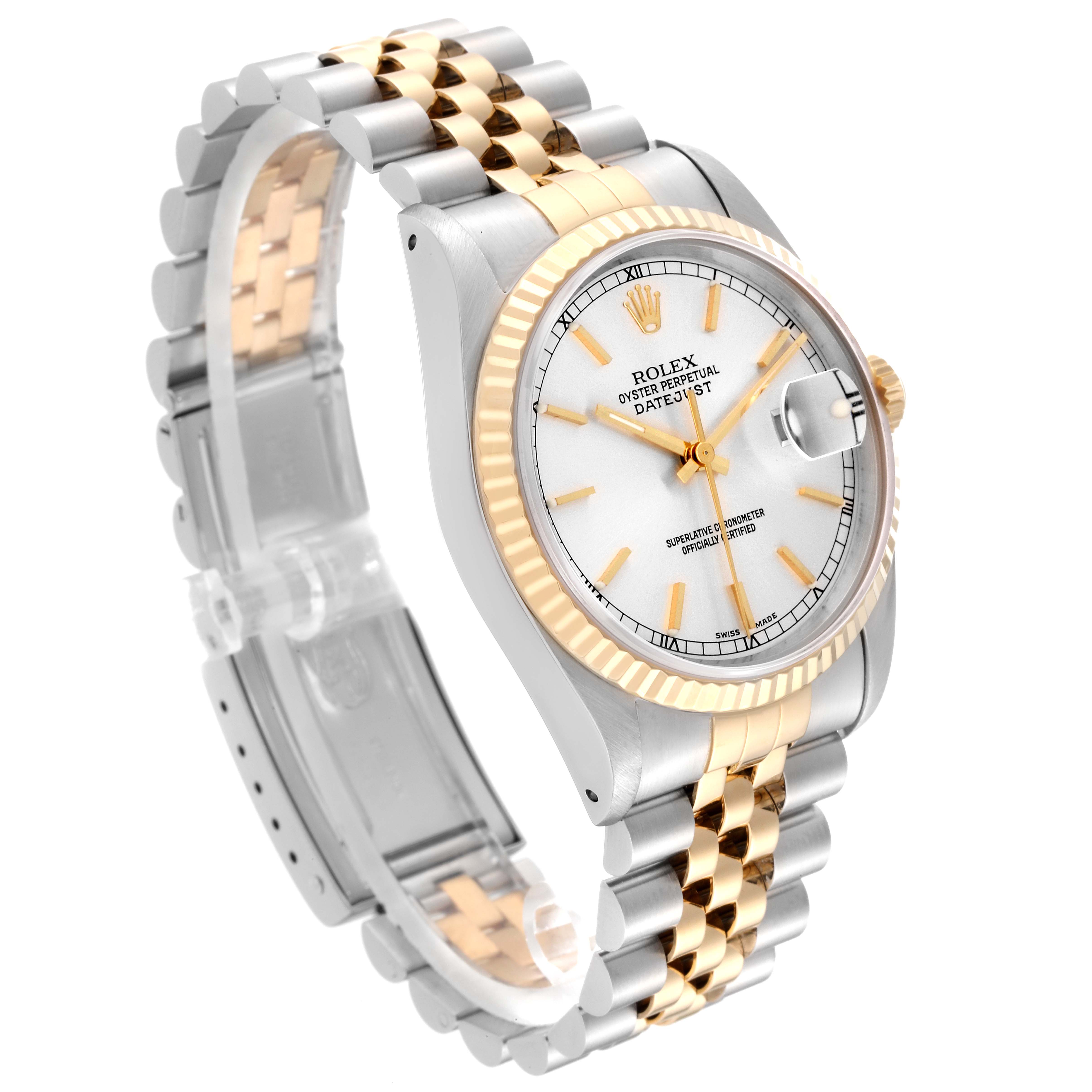 The Rolex Datejust 16233 Men's Steel and Gold (two tone) Silver Dial 16233 Men's Steel and Gold (two tone) Silver Dial watch is shown at an angled view, highlighting its two-tone bracelet, fluted bezel, and white dial with gold markers.