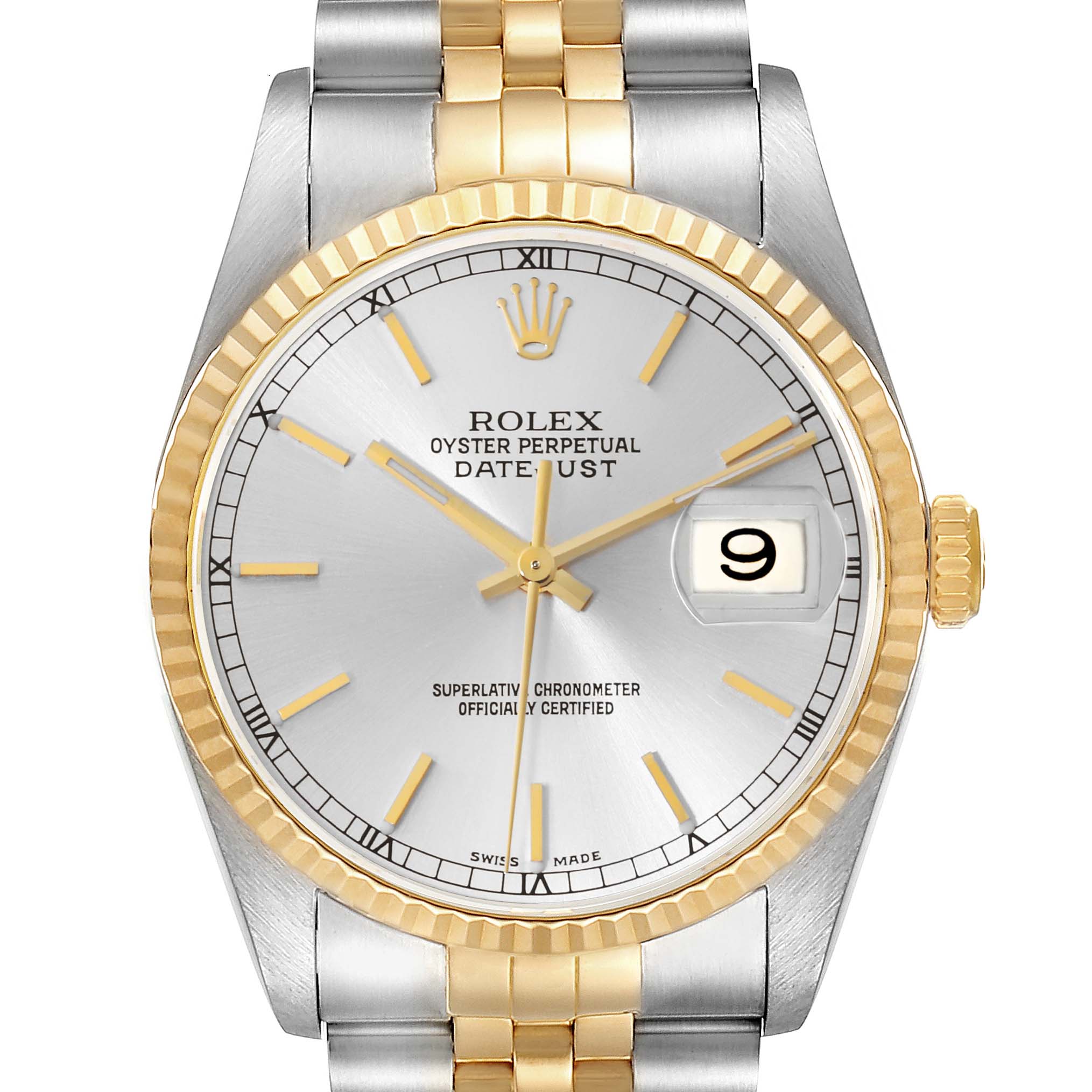 The image displays a front view of a Rolex Datejust 16233 Men's Steel and Gold (two tone) Silver Dial 16233 Men's Steel and Gold (two tone) Silver Dial watch, showcasing its dial, bezel, and partial bracelet.