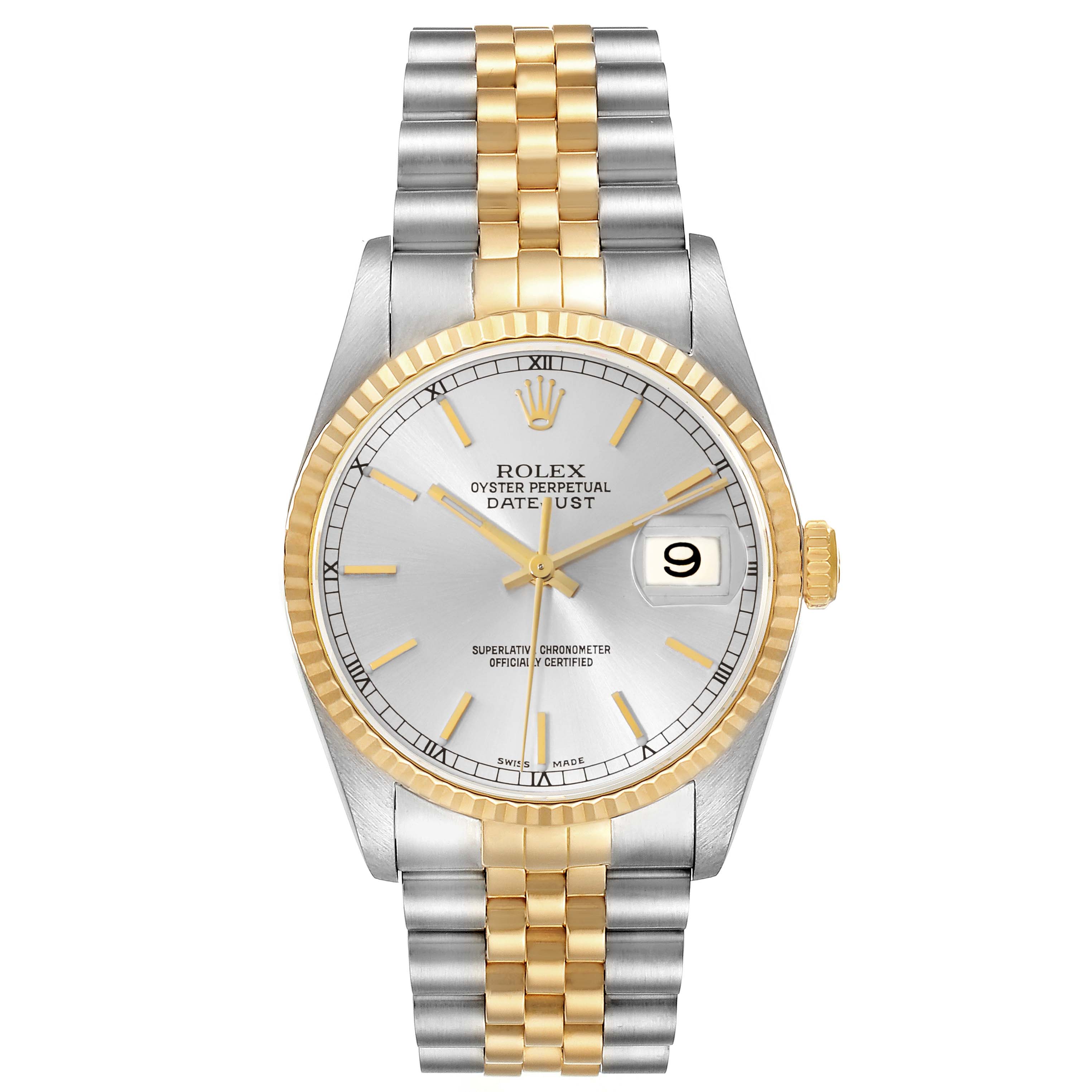 The Rolex Datejust 16233 Men's Steel and Gold (two tone) Silver Dial 16233 Men's Steel and Gold (two tone) Silver Dial watch is shown from the front, displaying the face, bracelet, bezel, and date window.