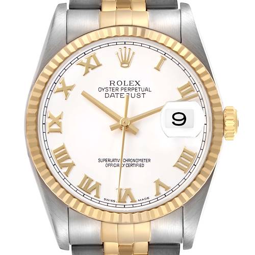 The Rolex Datejust 16233 Men's Steel and Gold (two tone) White Dial watch is shown from the front, highlighting its dial, gold bezel, and two-tone bracelet.
