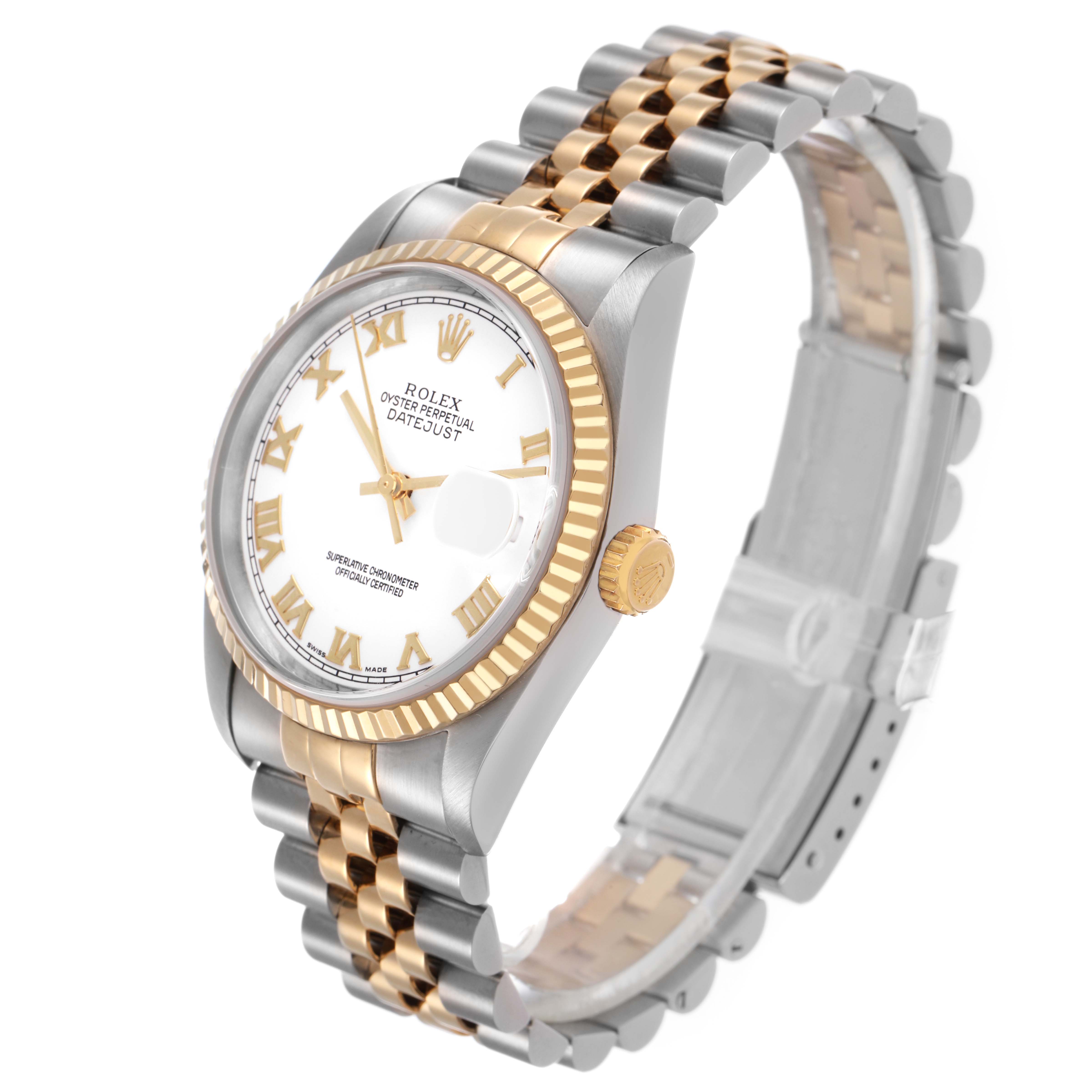 The Rolex Datejust 16233 Men's Steel and Gold (two tone) White Dial is shown at a 3/4 angle, highlighting its two-tone bracelet, fluted bezel, and white dial.