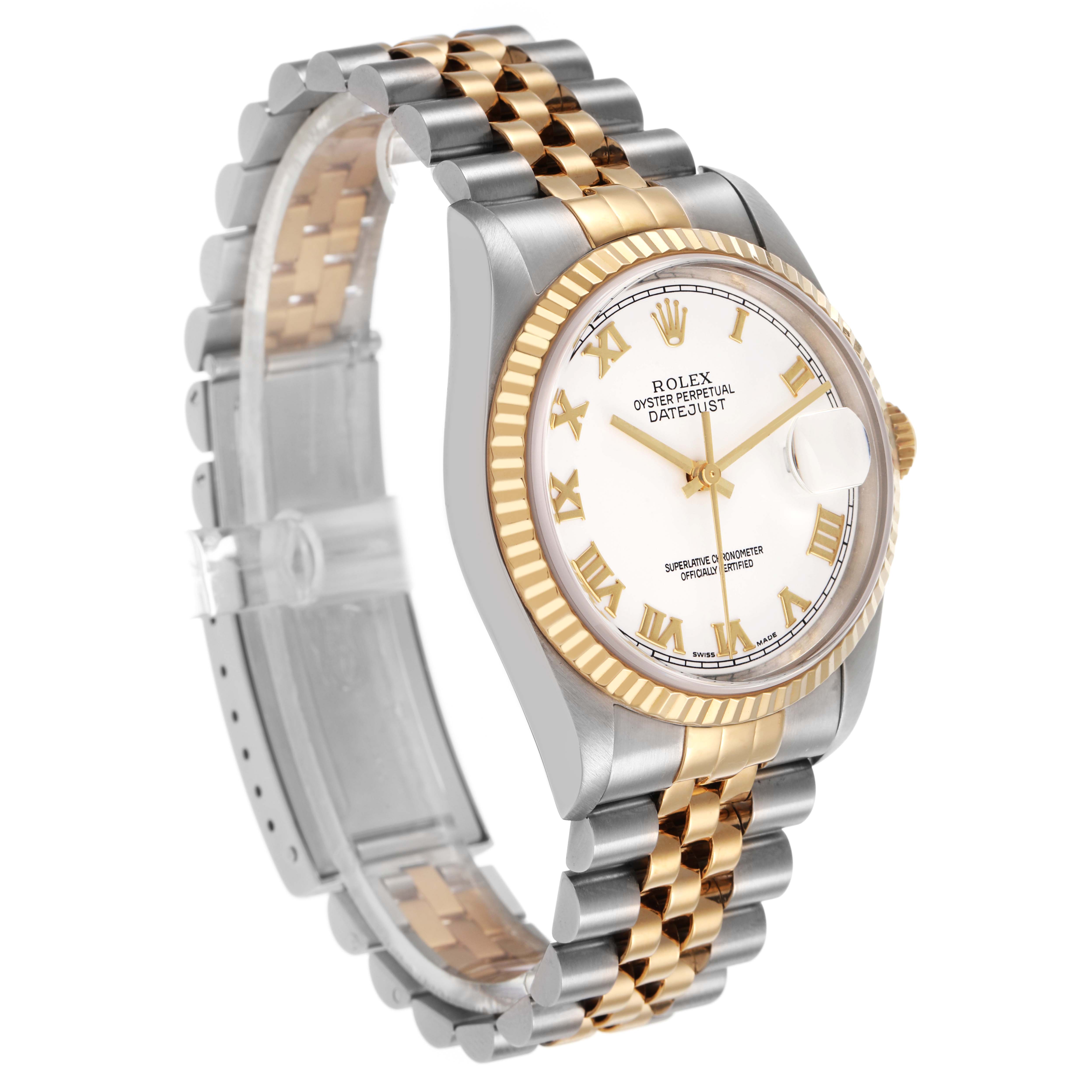 The Rolex Datejust 16233 Men's Steel and Gold (two tone) White Dial is shown at a three-quarter angle, displaying the face, dial, and two-tone bracelet.