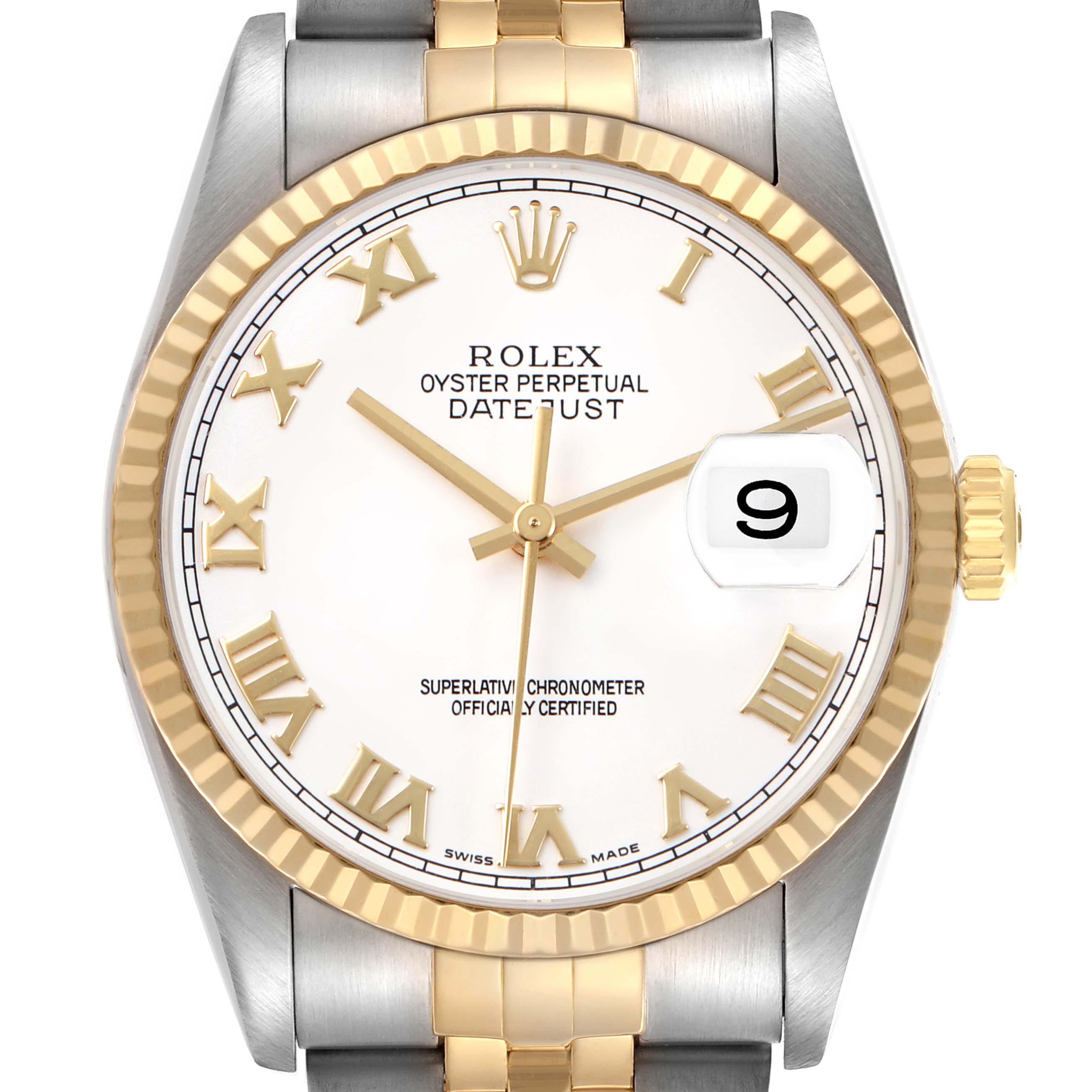 The image shows a front view of a Rolex Datejust 16233 Men's Steel and Gold (two tone) White Dial, displaying the dial, golden fluted bezel, crown, and part of the bracelet.
