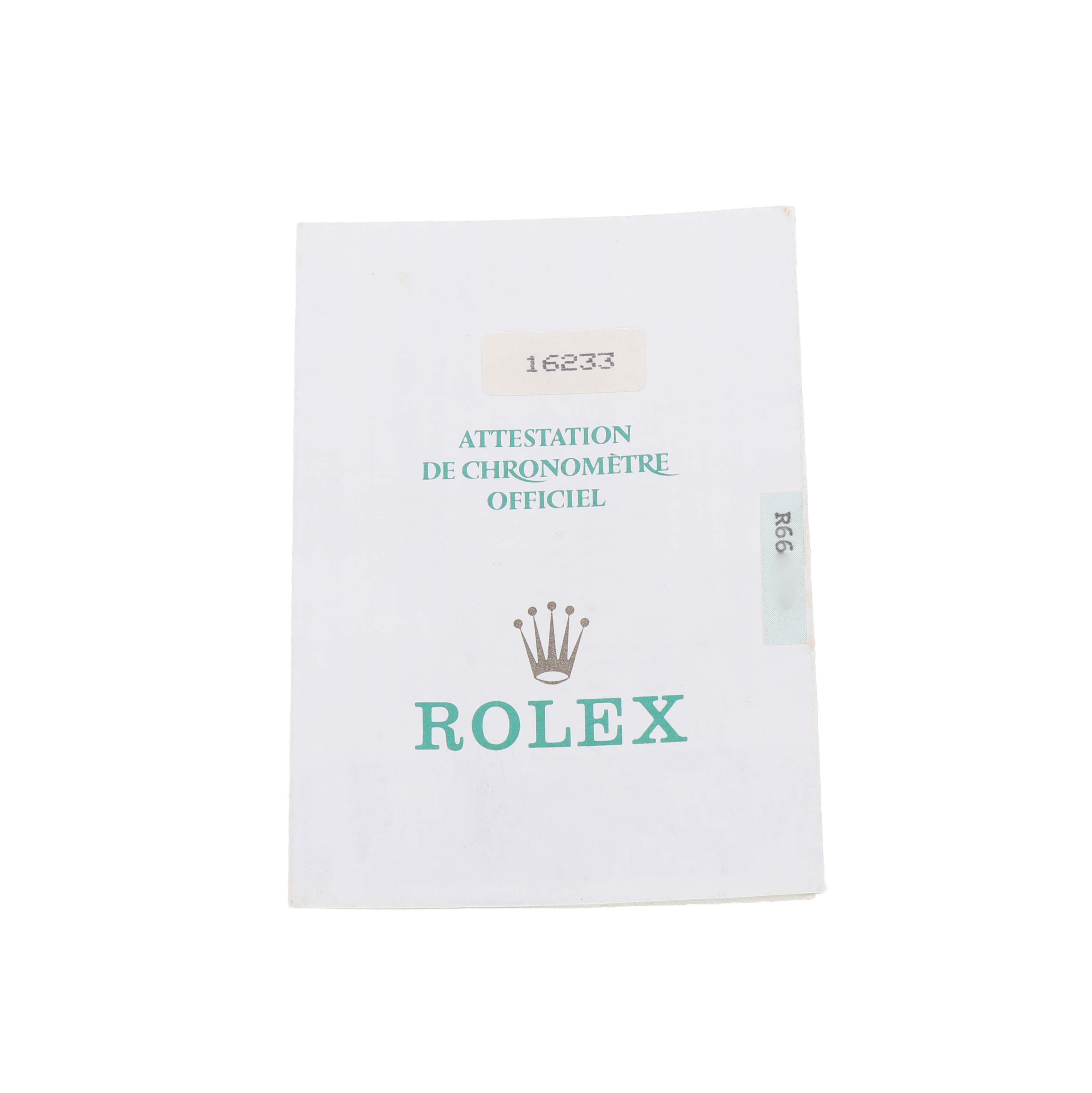 The image shows the official chronometer certification card for a Rolex Datejust 16233 Men's Steel and Gold (two tone) White Dial watch, displayed frontally.