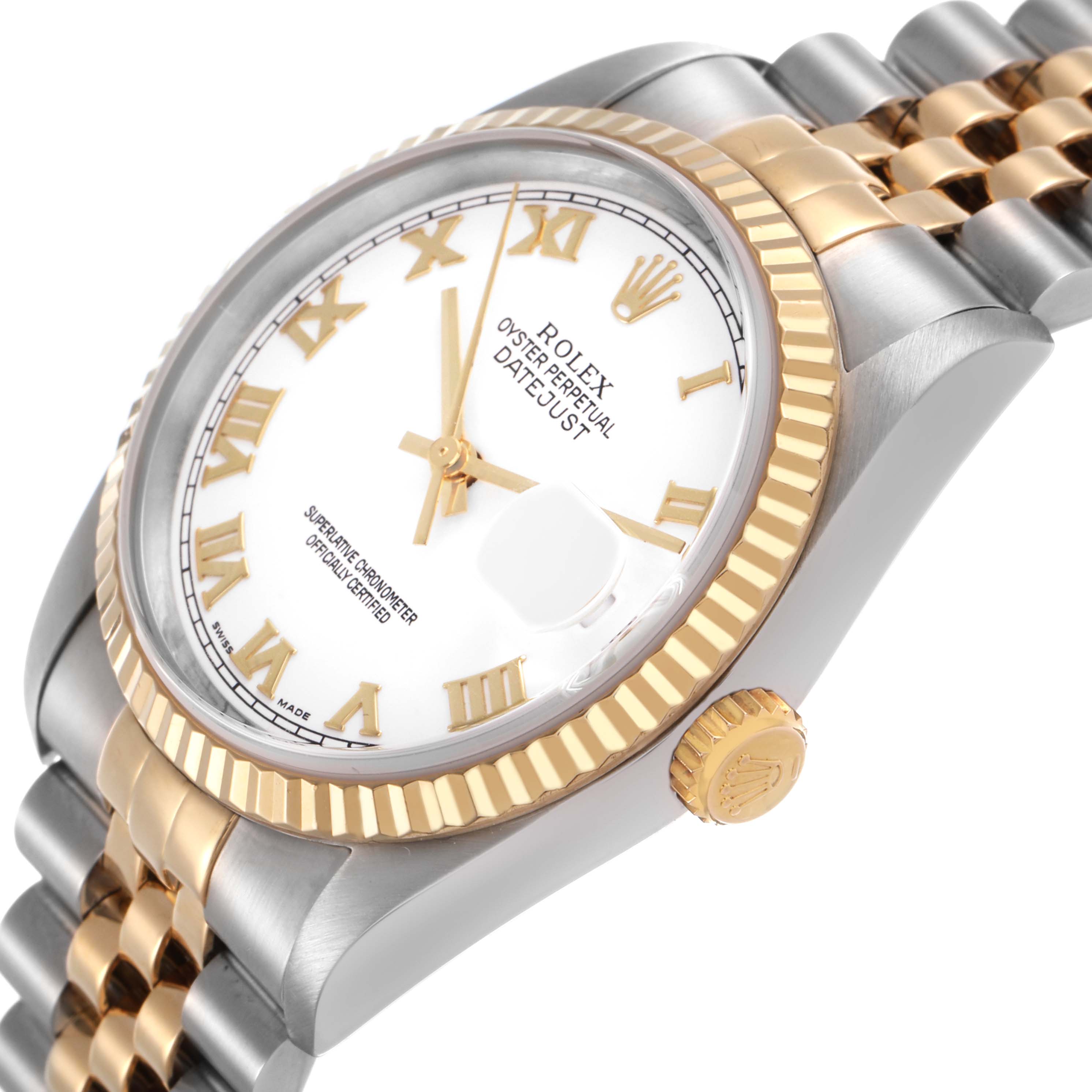 The Rolex Datejust 16233 Men's Steel and Gold (two tone) White Dial watch is shown from an angled view highlighting its face, bezel, and part of the bracelet.
