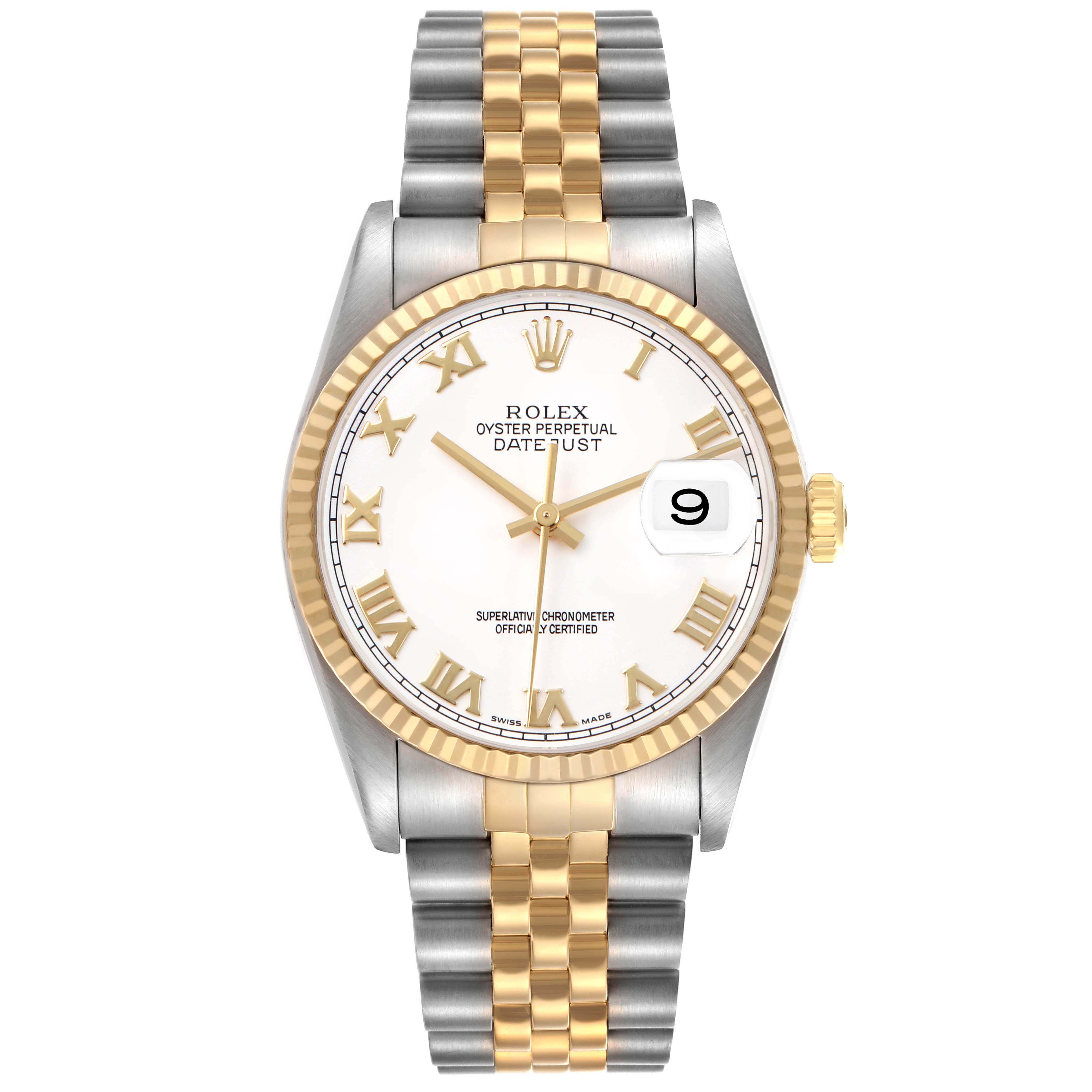 The Rolex Datejust 16233 Men's Steel and Gold (two tone) White Dial watch is shown from a front angle, highlighting the dial, bezel, bracelet, and date window.