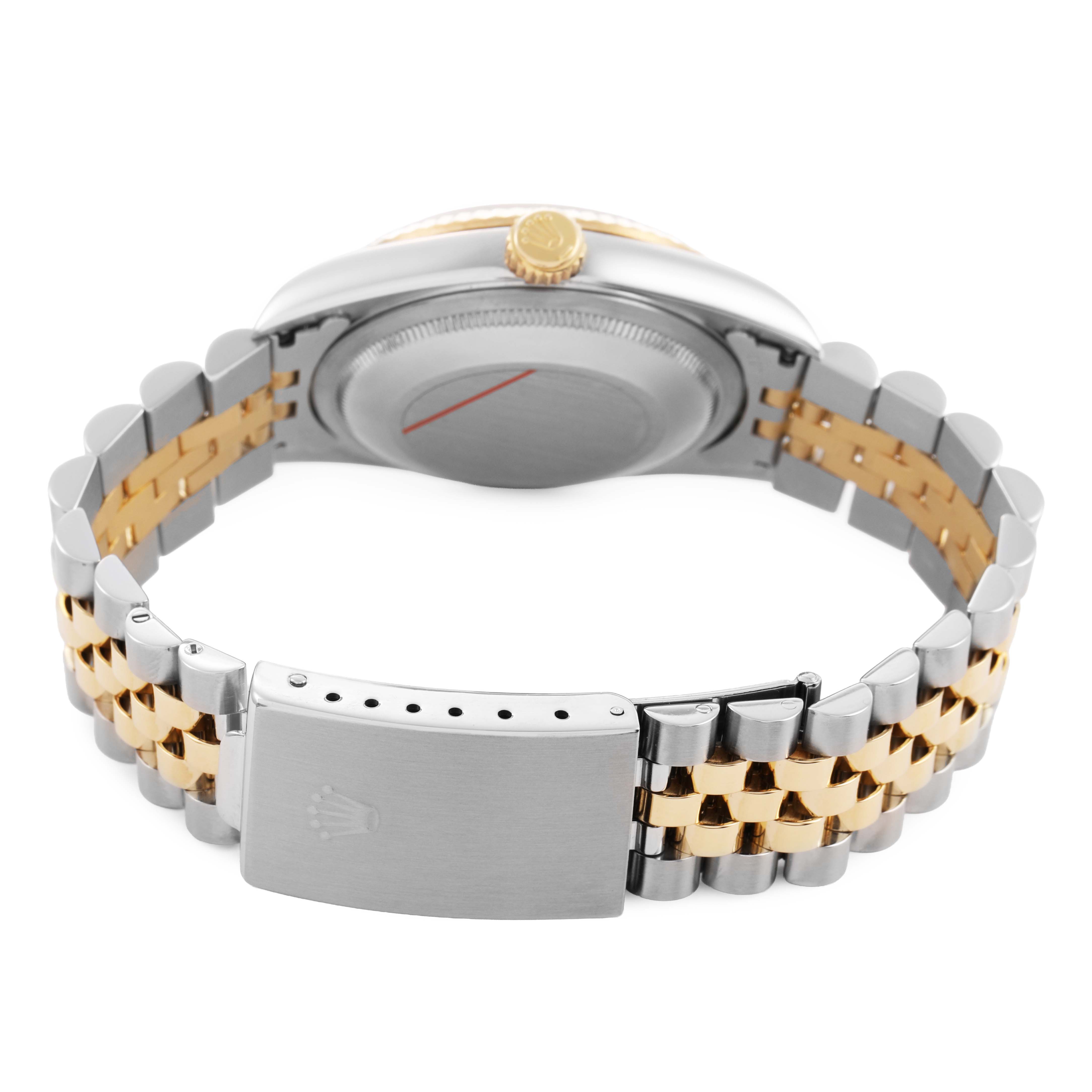 The image shows the back view of a Rolex Datejust 16233 Men's Steel and Gold (two tone) White Dial, highlighting the bracelet, clasp, case back, and crown.