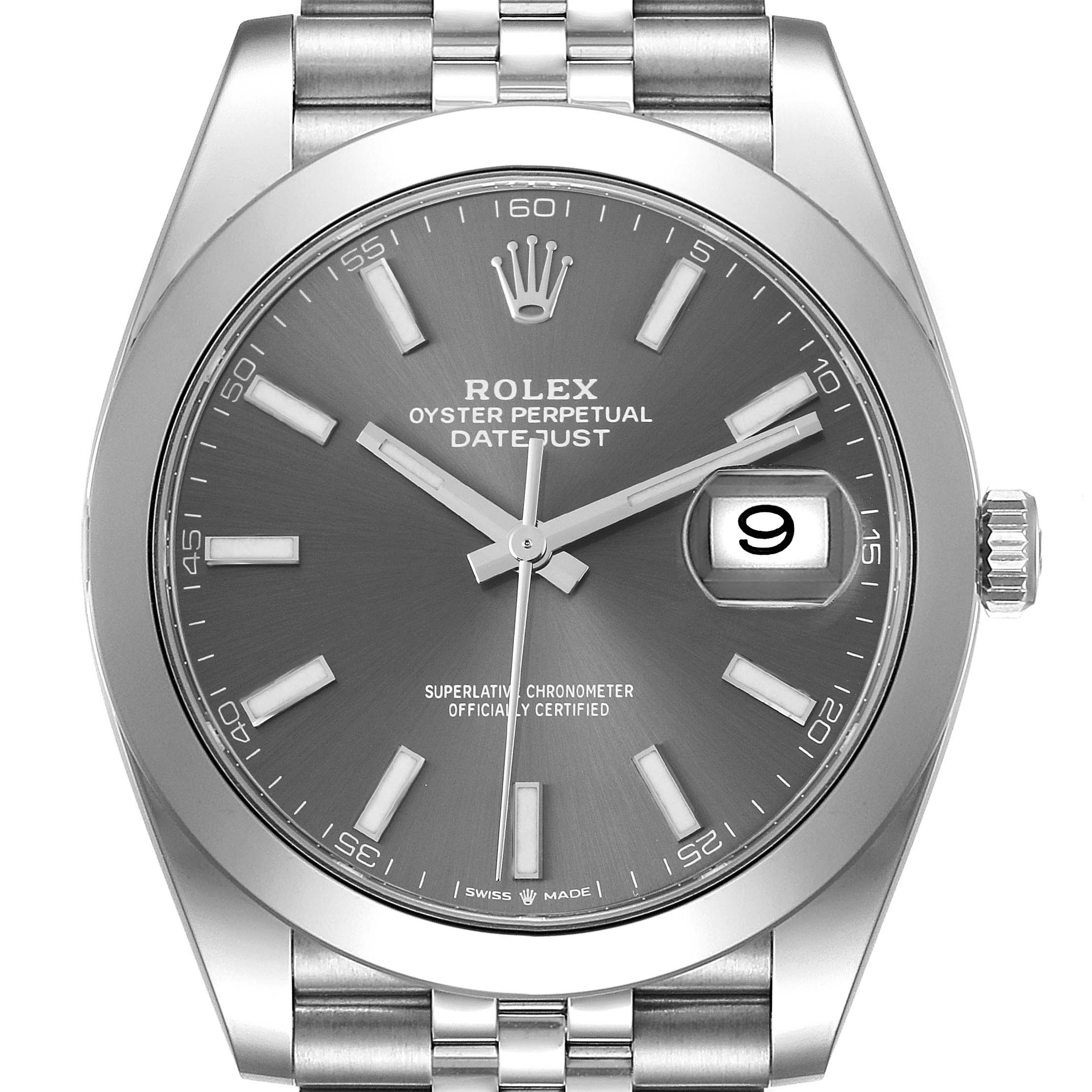 The image shows a frontal view of the Rolex Datejust 41 126300 Men
s Stainless Steel Grey Dial 126300 Men
s Stainless Steel Grey Dial watch, highlighting its dial, hands, crown, and part of the bracelet.