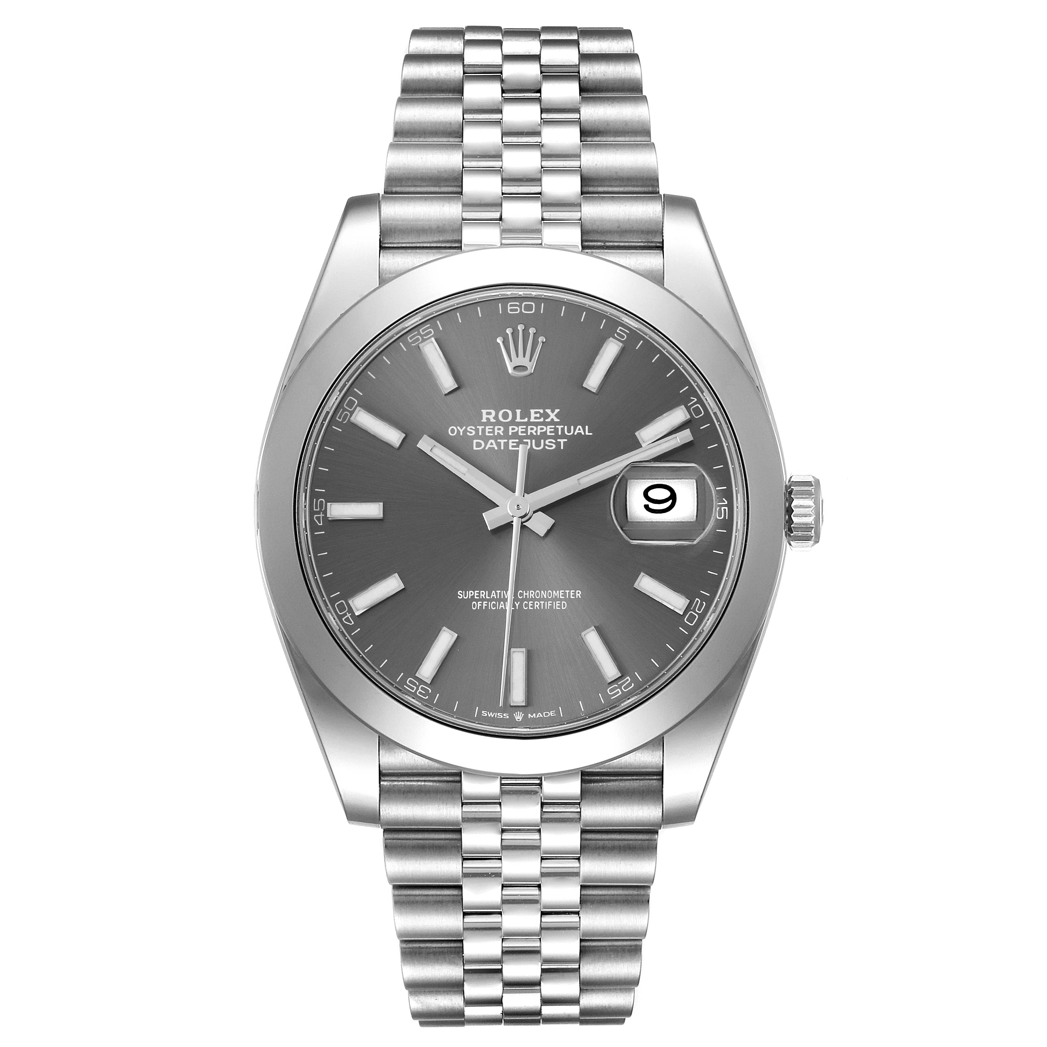 The image shows a front view of the Rolex Datejust 41 126300 Men
s Stainless Steel Grey Dial 126300 Men
s Stainless Steel Grey Dial watch, displaying its dial, hands, date window, and Jubilee bracelet.