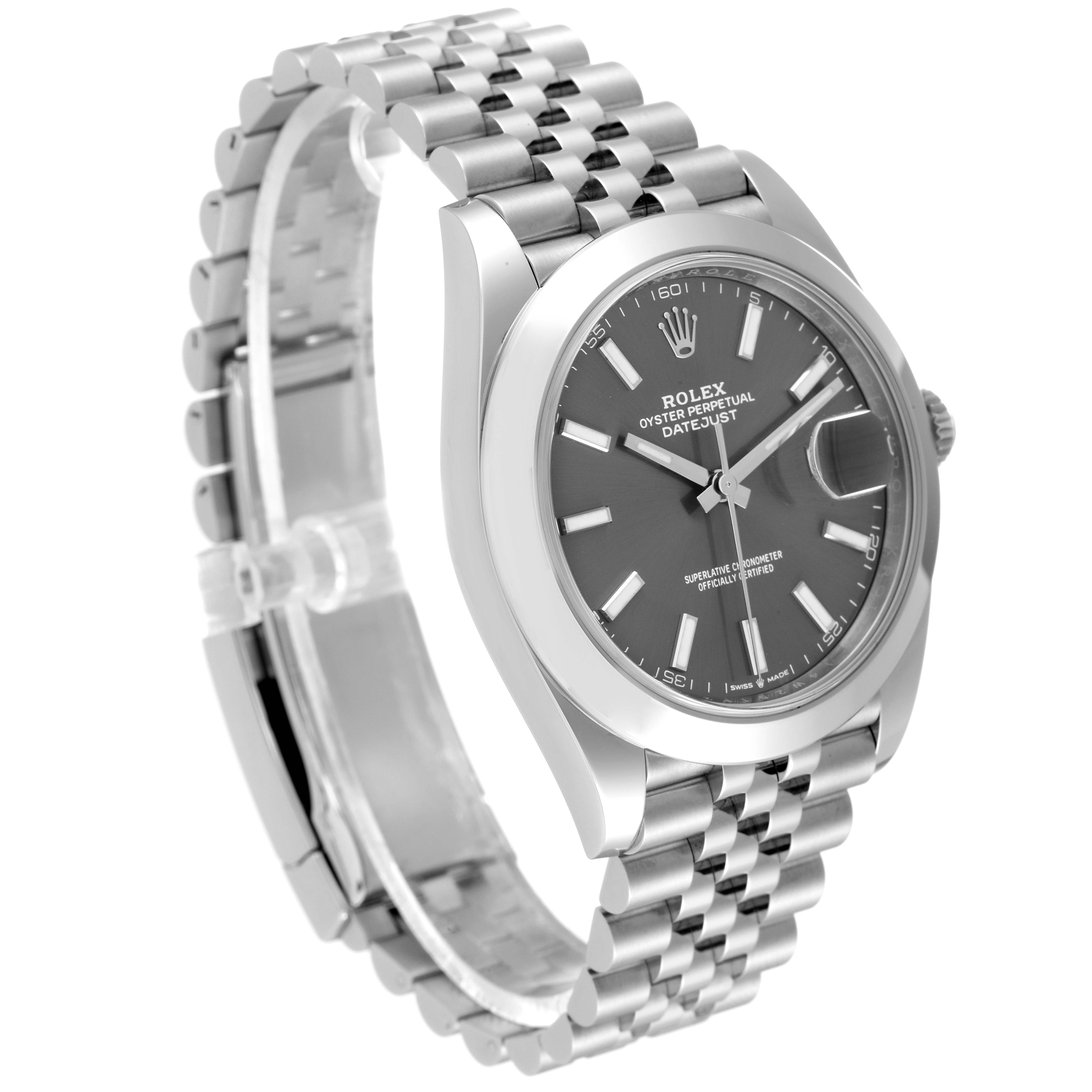 This image of the Rolex Datejust 41 126300 Men
s Stainless Steel Grey Dial 126300 Men
s Stainless Steel Grey Dial watch shows a three-quarter view highlighting the dial, bezel, case, and Jubilee bracelet.