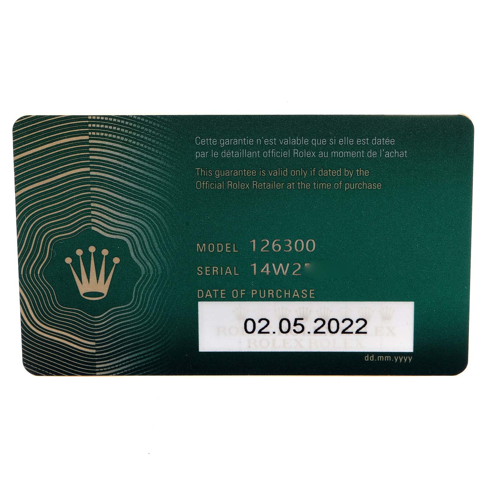 The image shows the warranty card for the Rolex Datejust 41 126300 Men
s Stainless Steel Grey Dial 126300 Men
s Stainless Steel Grey Dial model 126300, displaying the serial number and the date of purchase.
