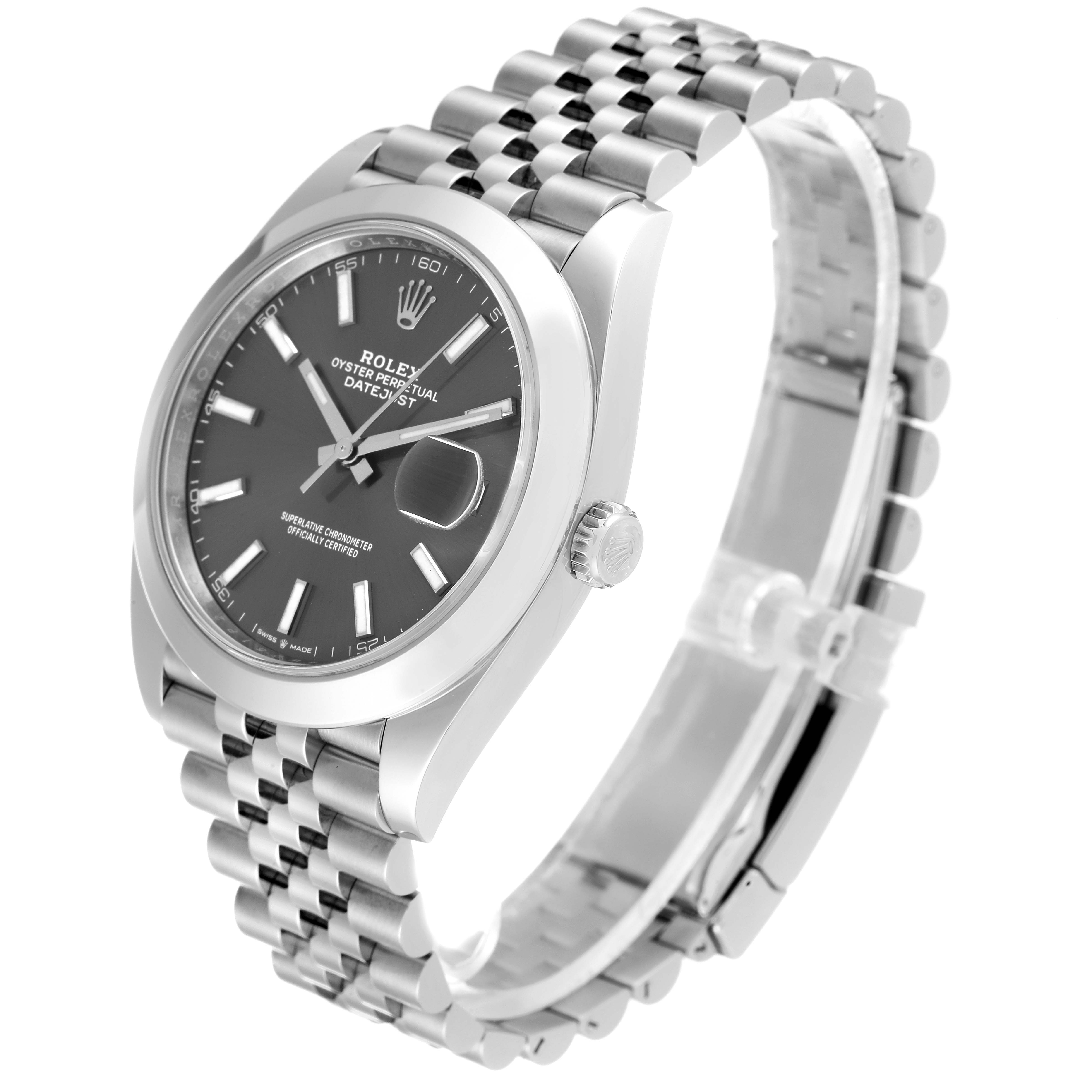 The Rolex Datejust 41 126300 Men
s Stainless Steel Grey Dial 126300 Men
s Stainless Steel Grey Dial watch is shown at a slight angle, highlighting the face, bezel, crown, and bracelet.