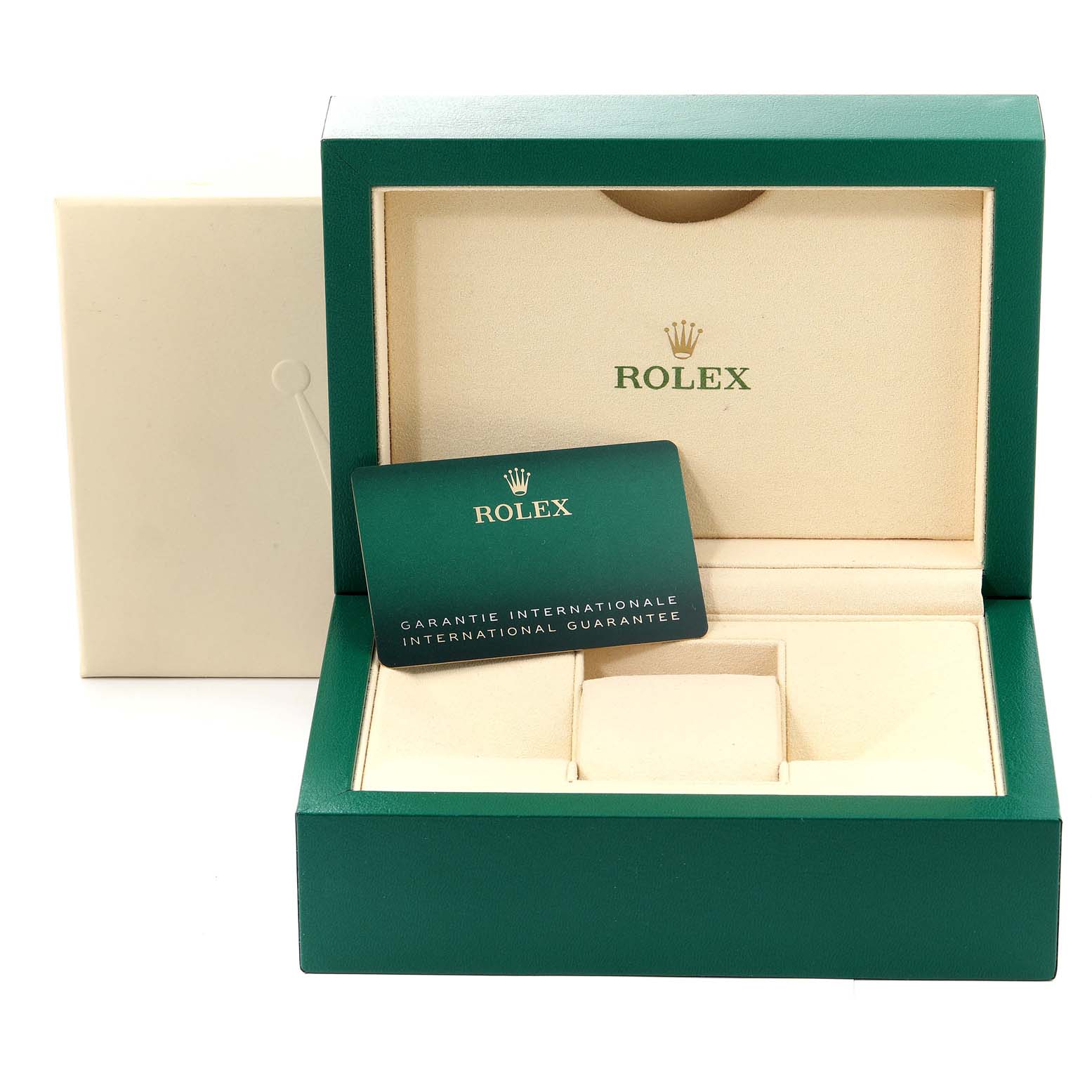 This image shows a Rolex Datejust 41 126300 Men
s Stainless Steel Grey Dial 126300 Men
s Stainless Steel Grey Dial watch box and its international guarantee card.