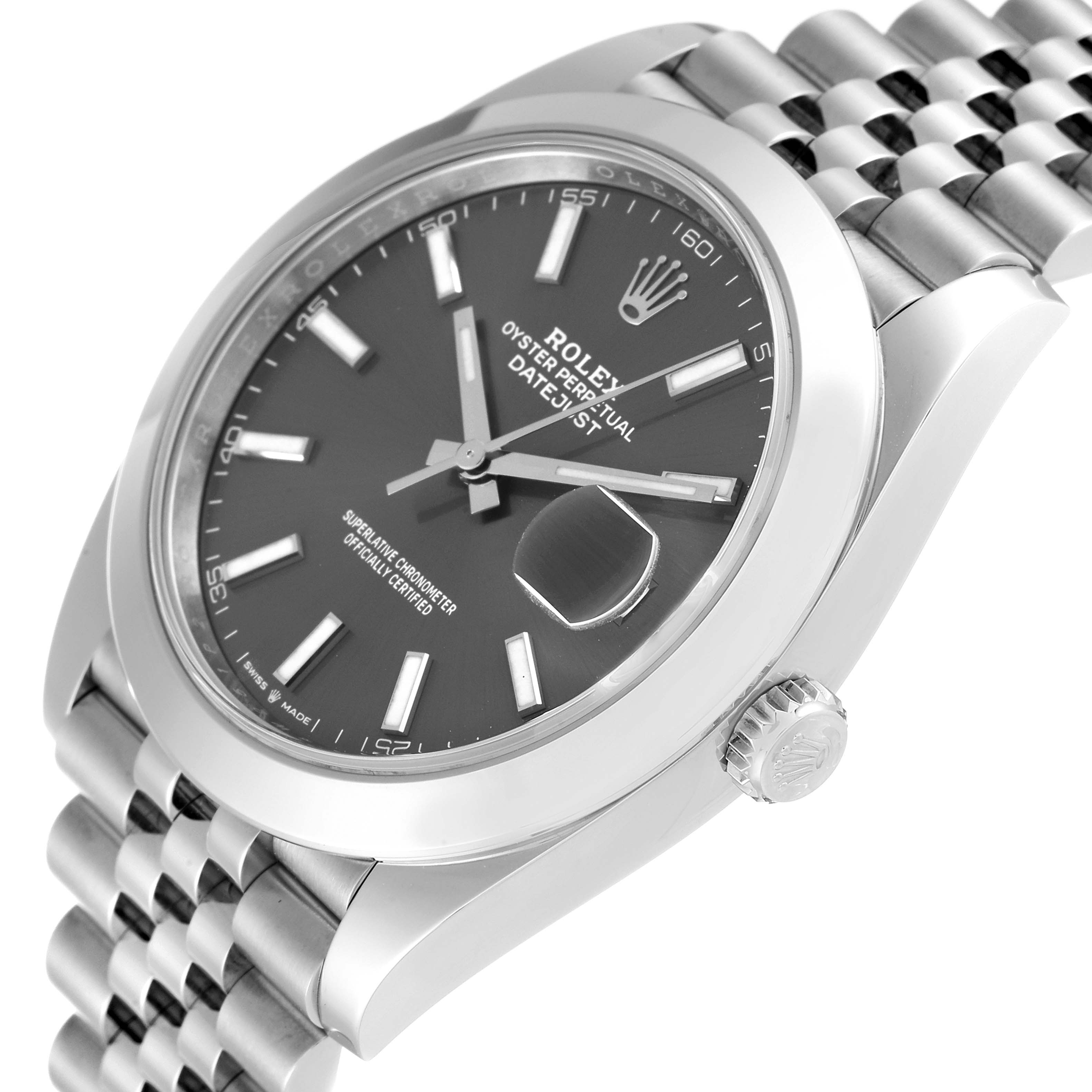 The image shows a Rolex Datejust 41 126300 Men
s Stainless Steel Grey Dial 126300 Men
s Stainless Steel Grey Dial watch angled to highlight the dial, bezel, crown, and part of the bracelet.