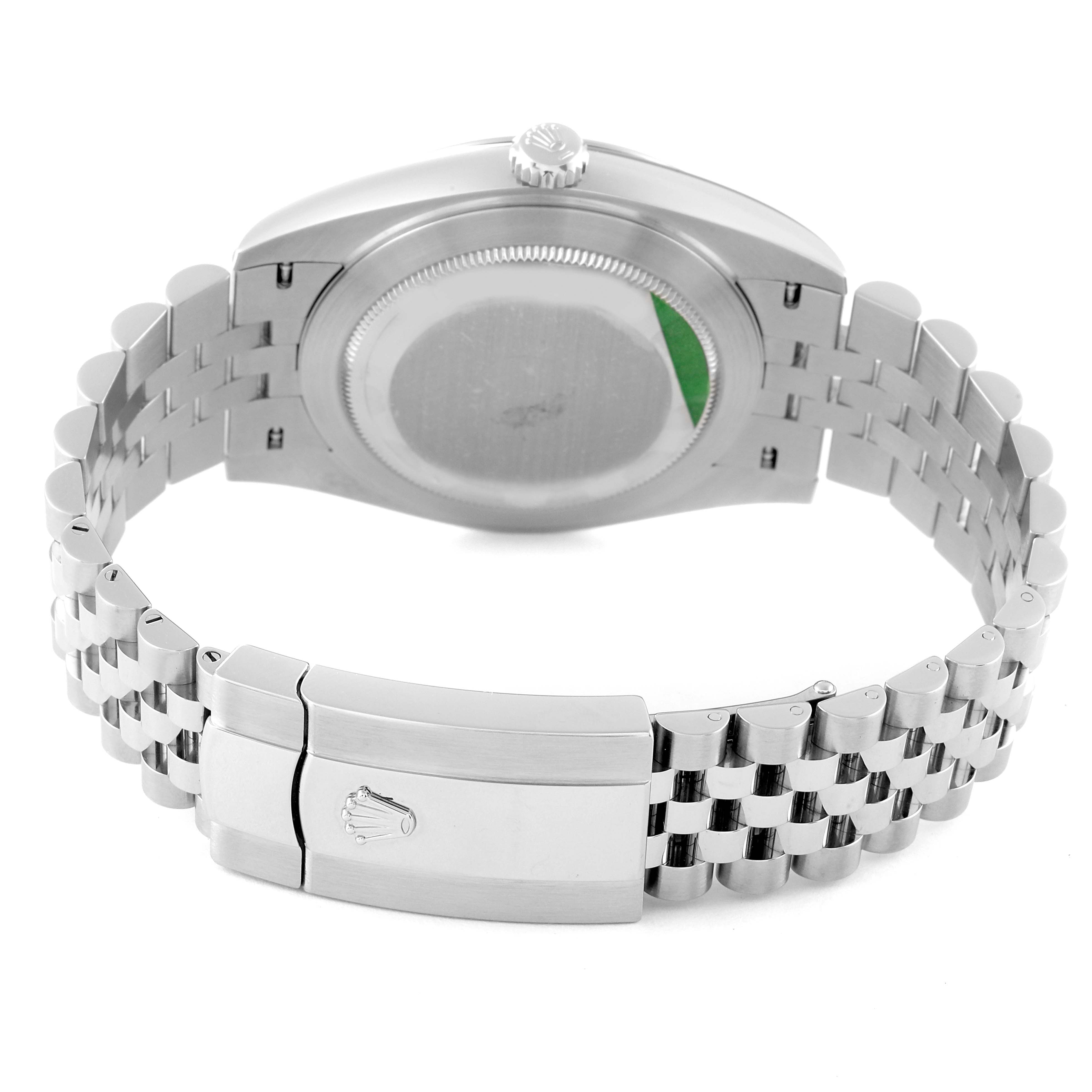 This image shows the back case and Jubilee bracelet clasp of a Rolex Datejust 41 126300 Men
s Stainless Steel Grey Dial 126300 Men
s Stainless Steel Grey Dial watch.