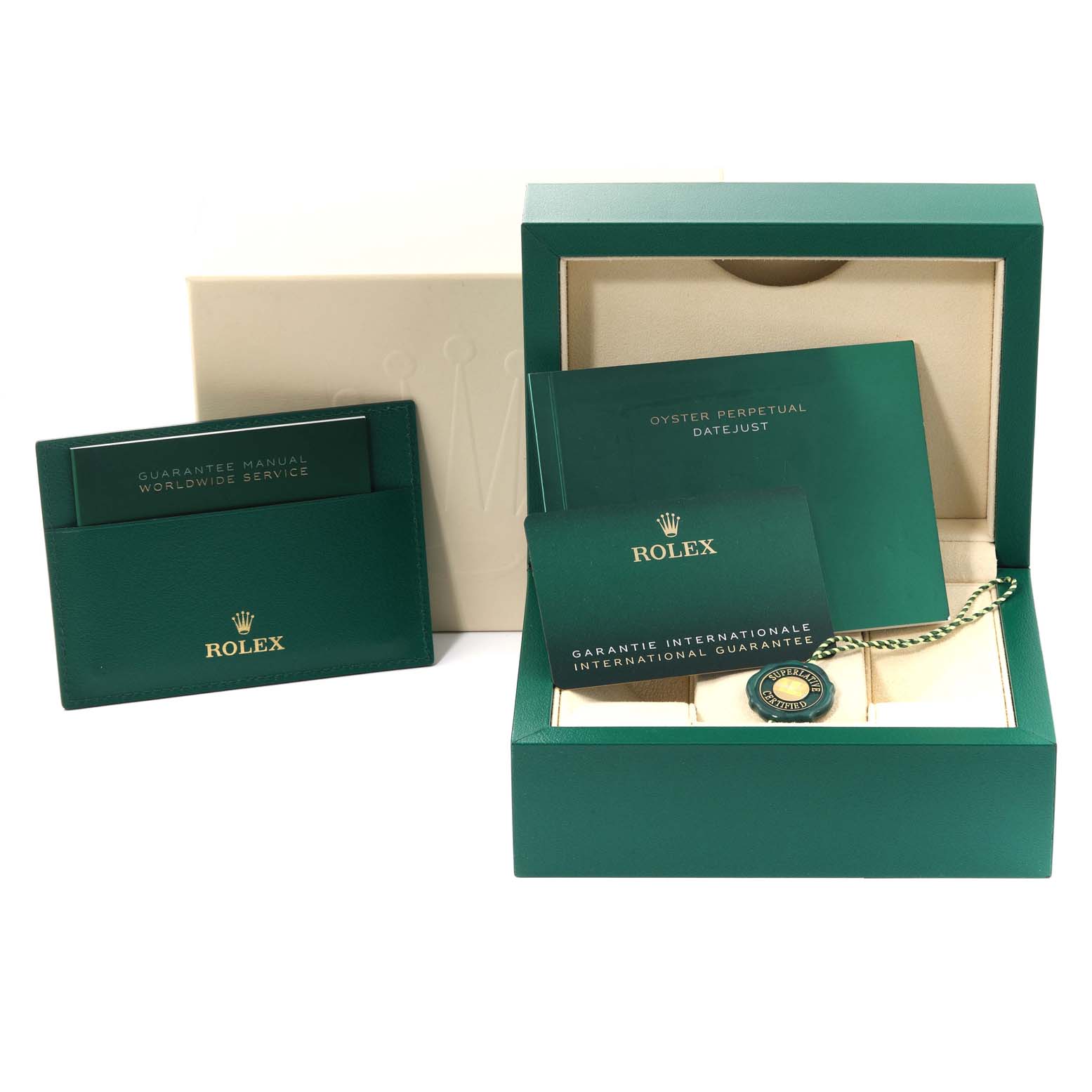 The image shows the packaging and documentation for the Rolex Datejust 41 126300 Men
s Stainless Steel Grey Dial 126300 Men
s Stainless Steel Grey Dial, including the box, guarantee manual, and international guarantee.