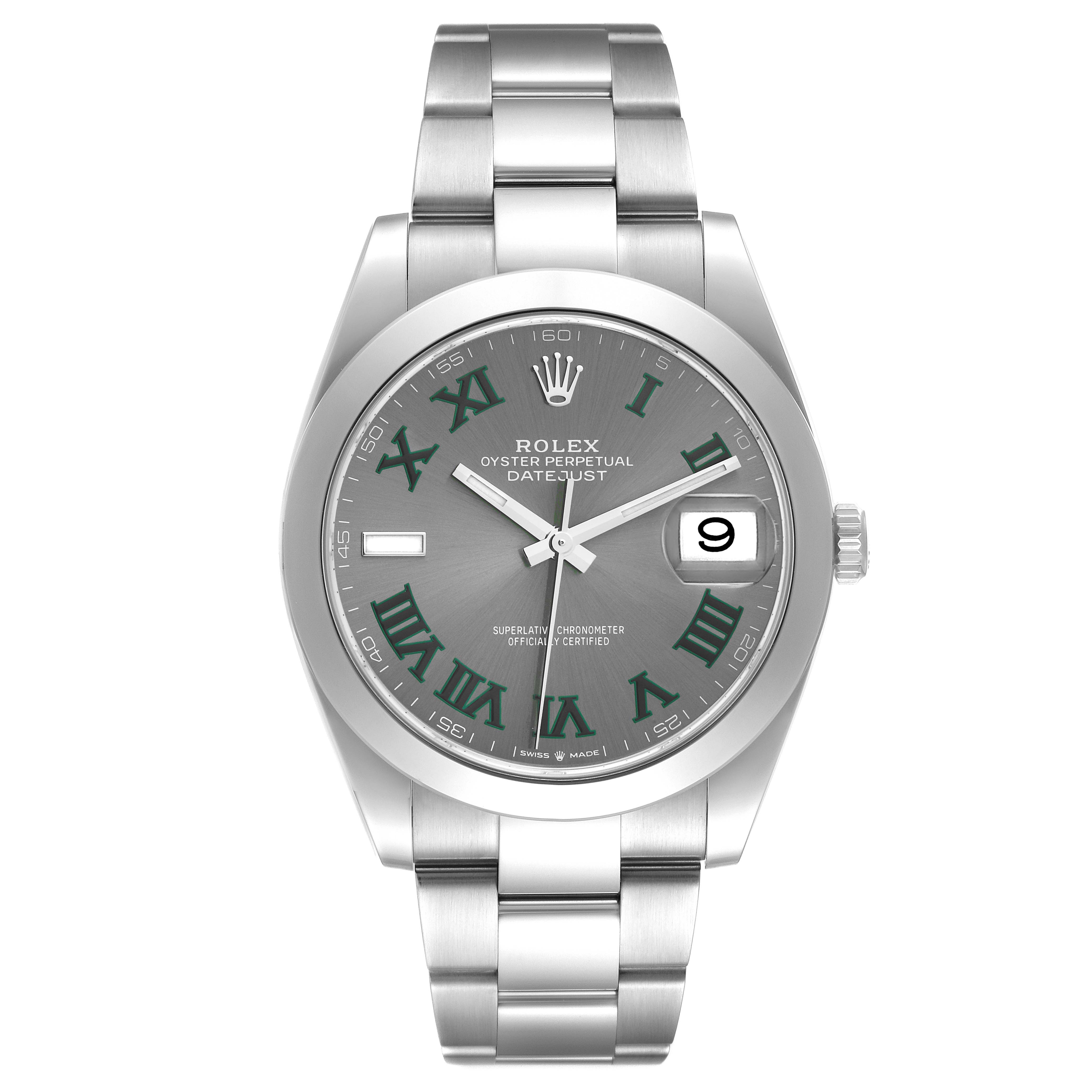 This image shows a frontal view of a Rolex Datejust 41 126300 Men
s Stainless Steel Grey Dial 126300 Men
s Stainless Steel Grey Dial, highlighting its face, bezel, crown, and bracelet.