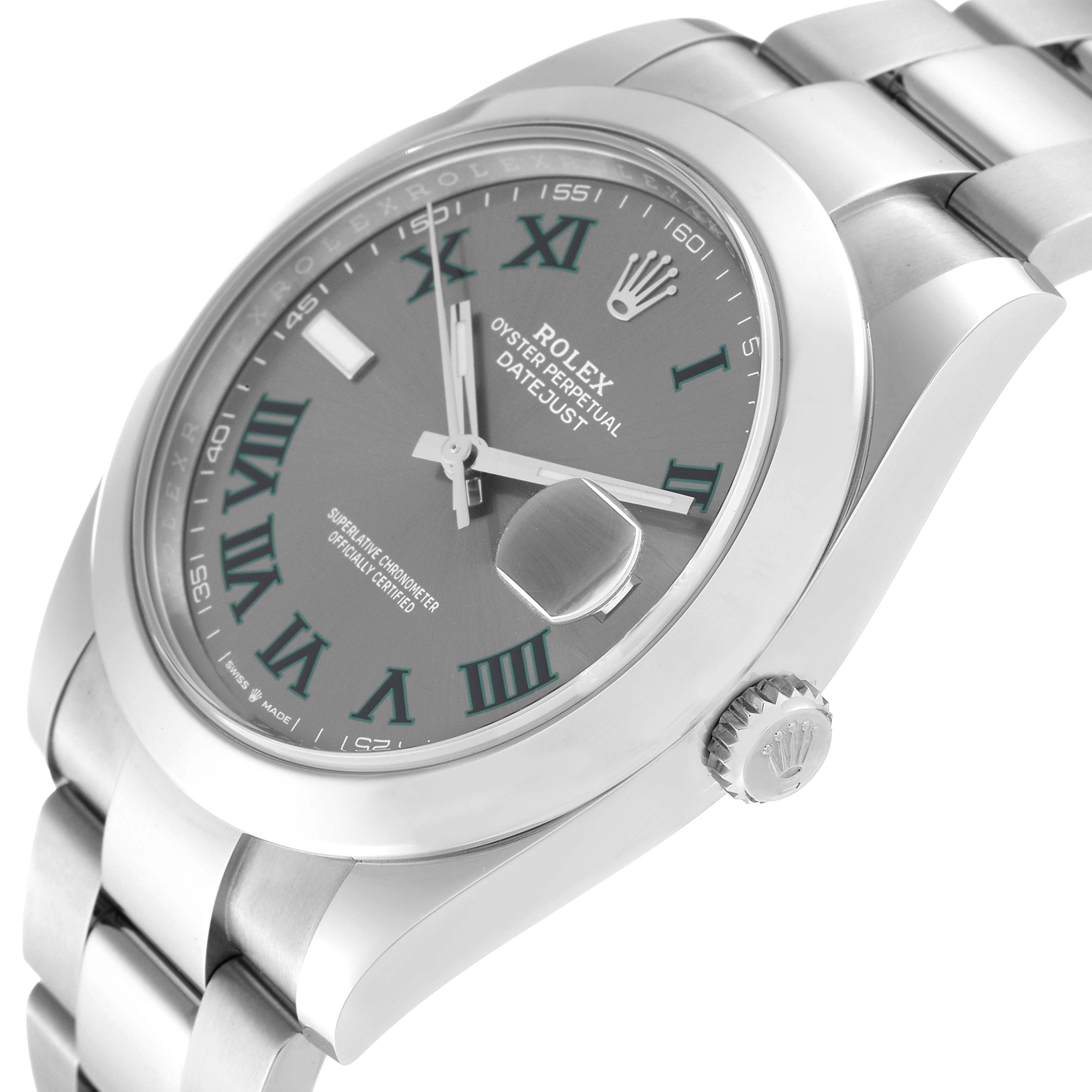 The image shows a side view of a Rolex Datejust 41 126300 Men
s Stainless Steel Grey Dial 126300 Men
s Stainless Steel Grey Dial watch, highlighting its dial, crown, and bracelet.