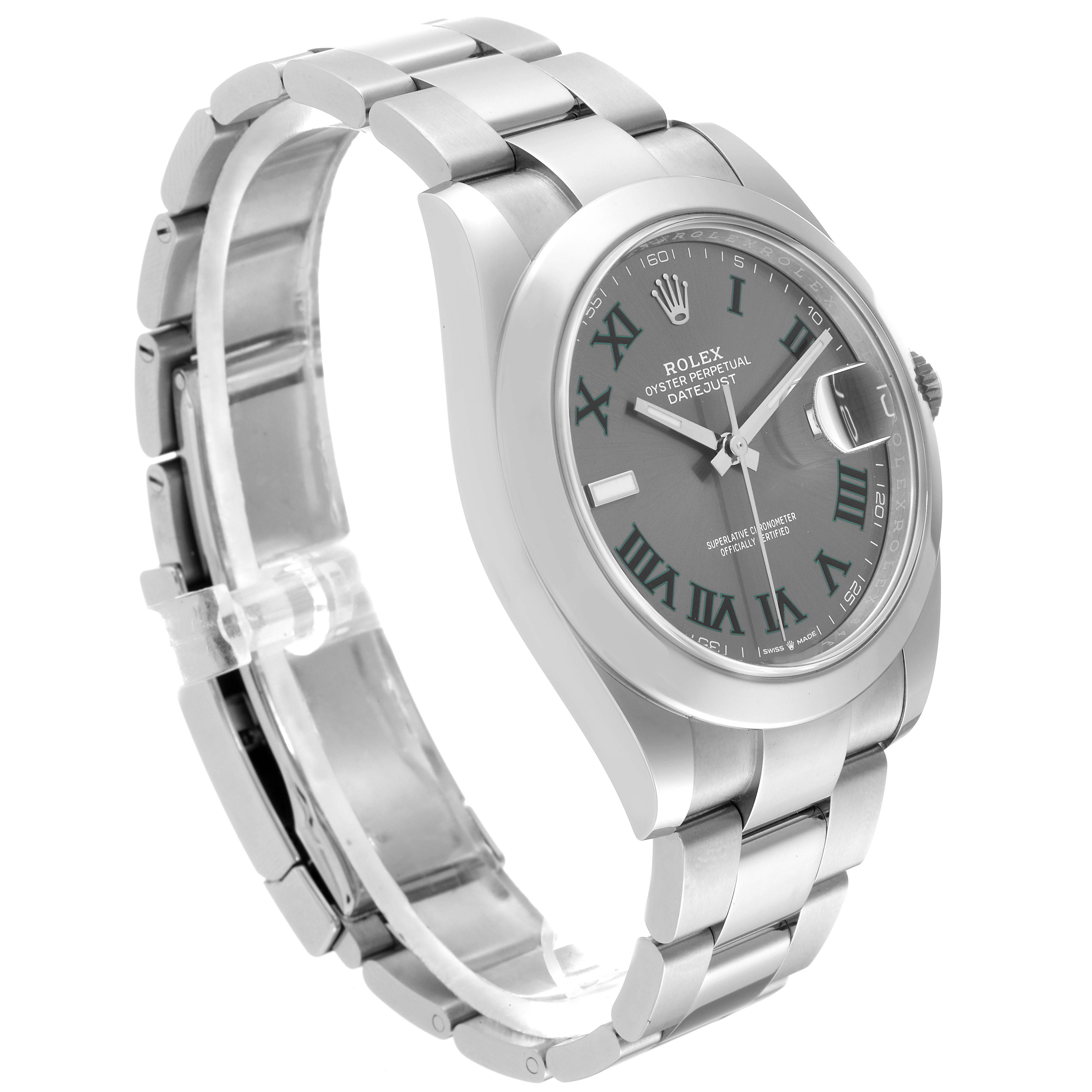The image shows a side-angle view of the Rolex Datejust 41 126300 Men
s Stainless Steel Grey Dial 126300 Men
s Stainless Steel Grey Dial watch, highlighting its face and metal bracelet.