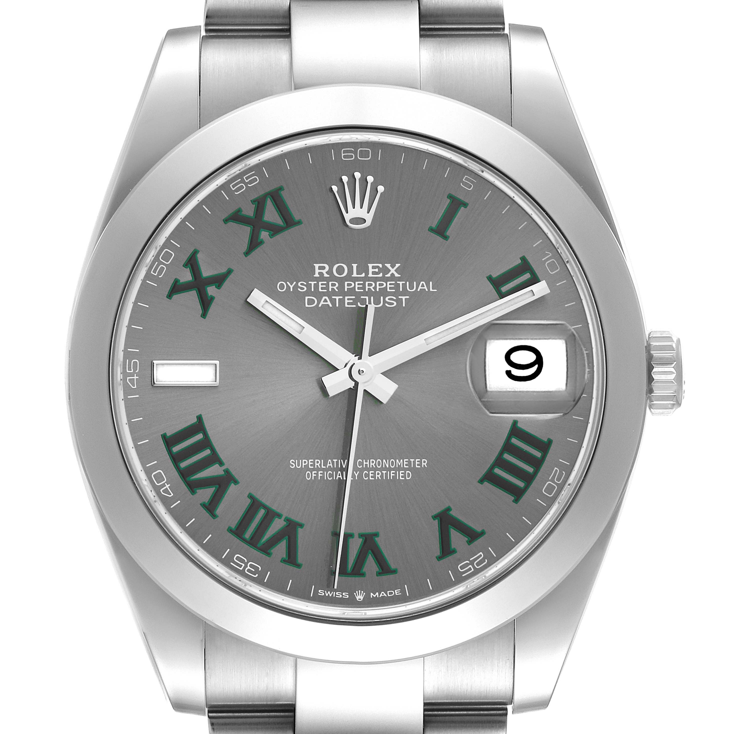 This image shows a front view of the Rolex Datejust 41 126300 Men
s Stainless Steel Grey Dial 126300 Men
s Stainless Steel Grey Dial watch, highlighting the dial, hands, date window, and part of the bracelet.