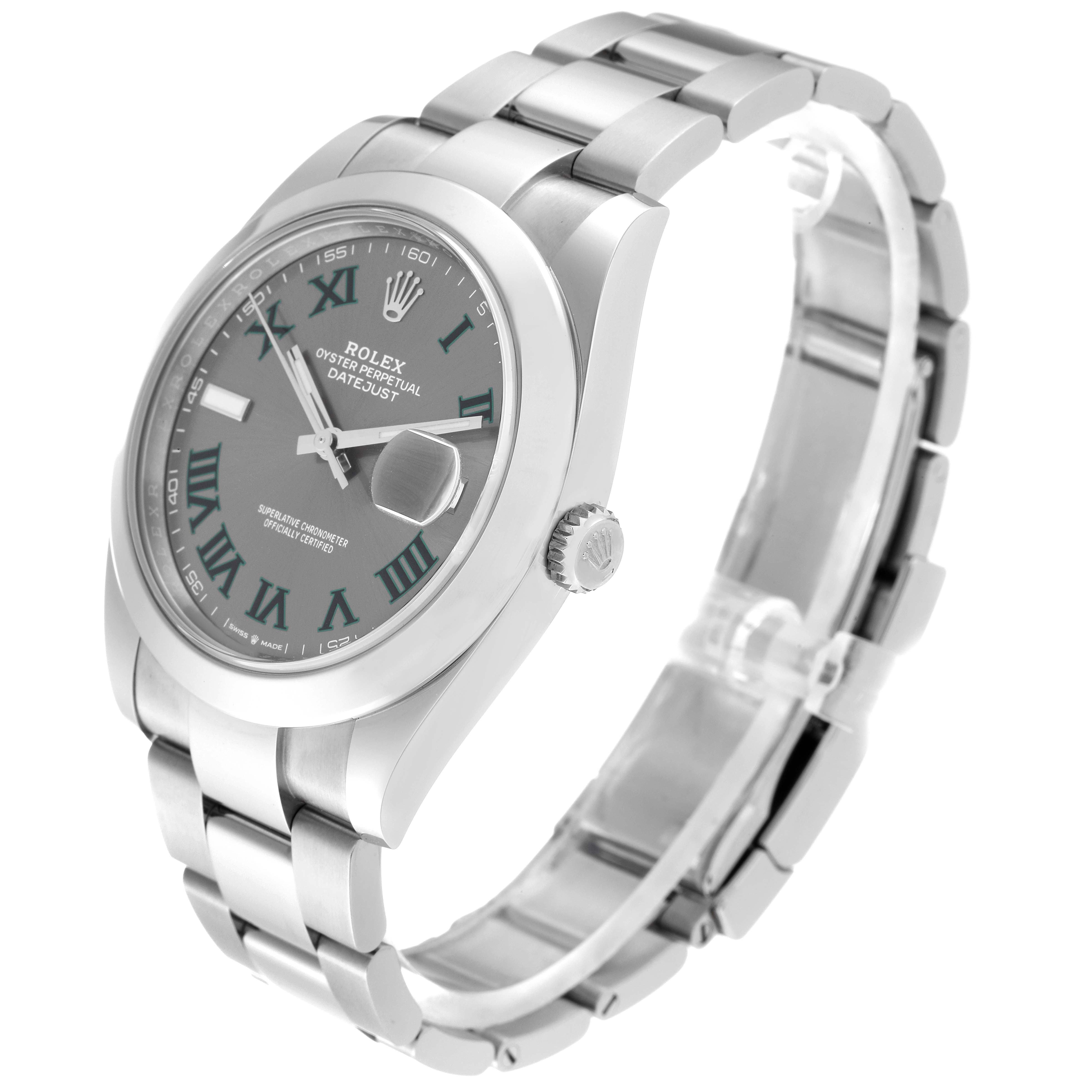 This image shows a Rolex Datejust 41 126300 Men
s Stainless Steel Grey Dial 126300 Men
s Stainless Steel Grey Dial watch at a slight side angle, displaying the face, bezel, crown, and bracelet.