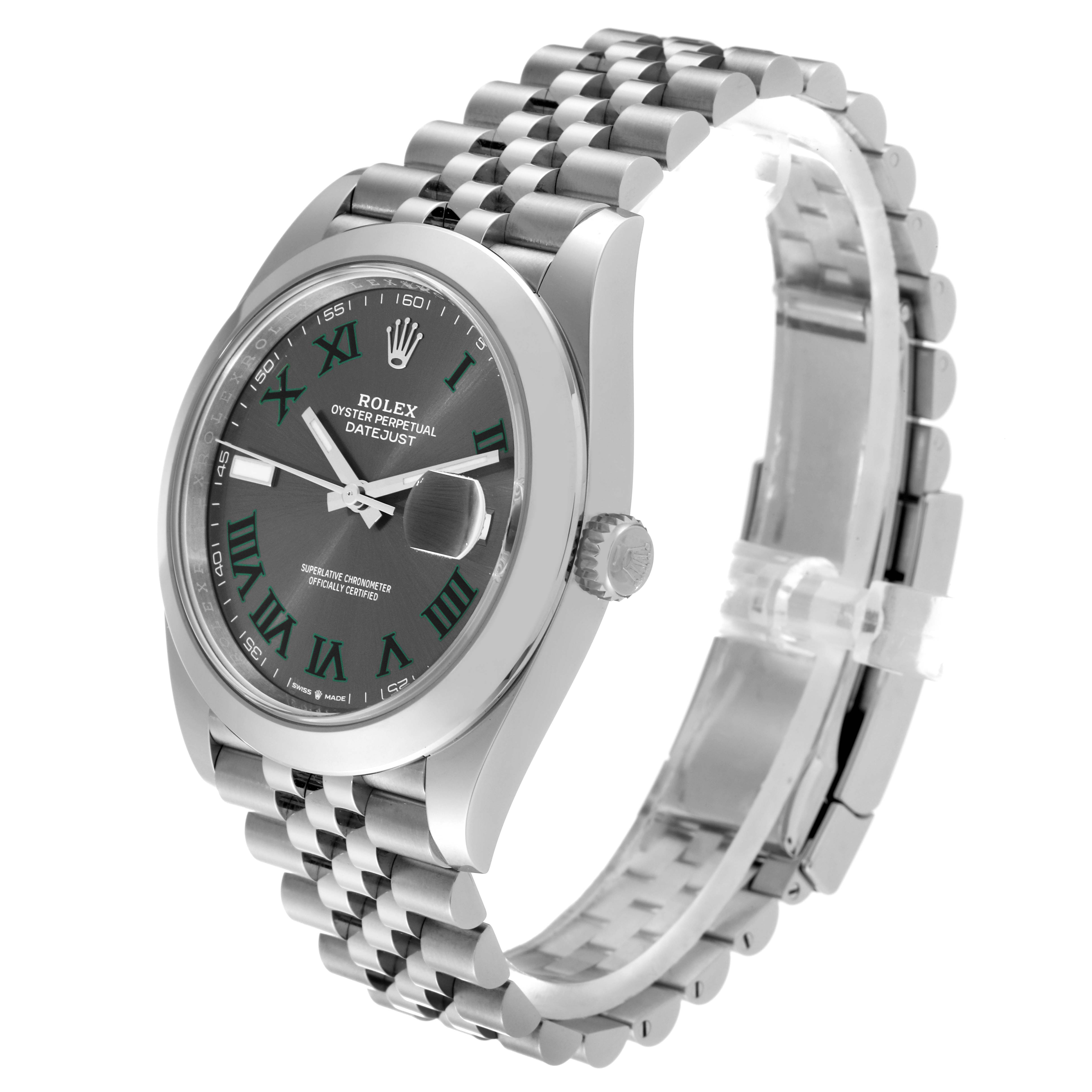 The image shows a Datejust 41 by Rolex from a front-left angle, displaying the dial, bezel, crown, and Jubilee bracelet.